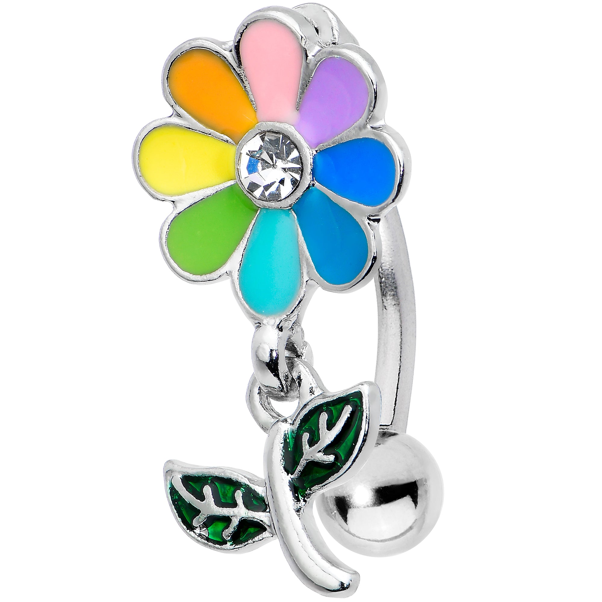 Clear Gem Rainbow Pride Flower Top Mount Dangle Belly Ring