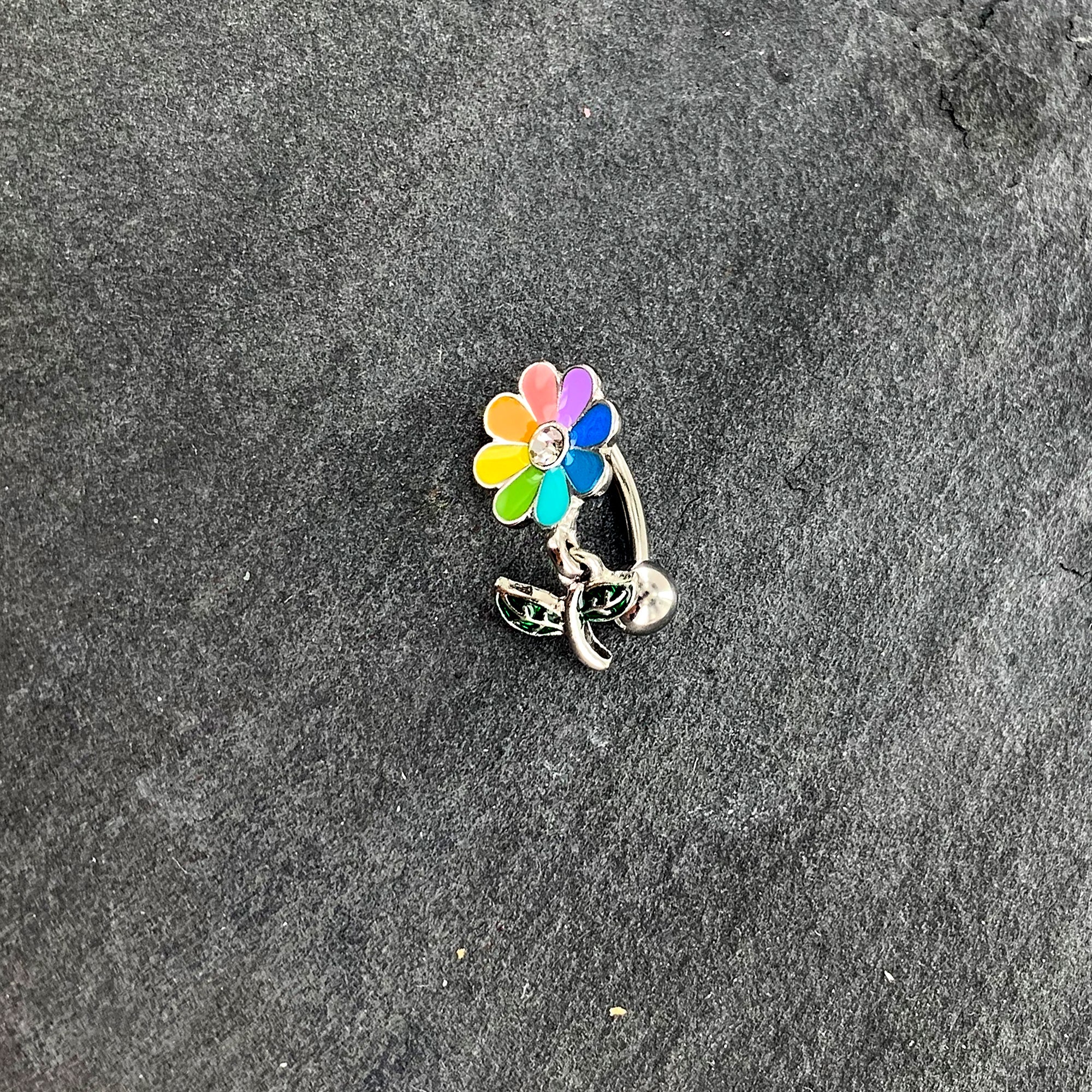 Clear Gem Rainbow Pride Flower Top Mount Dangle Belly Ring