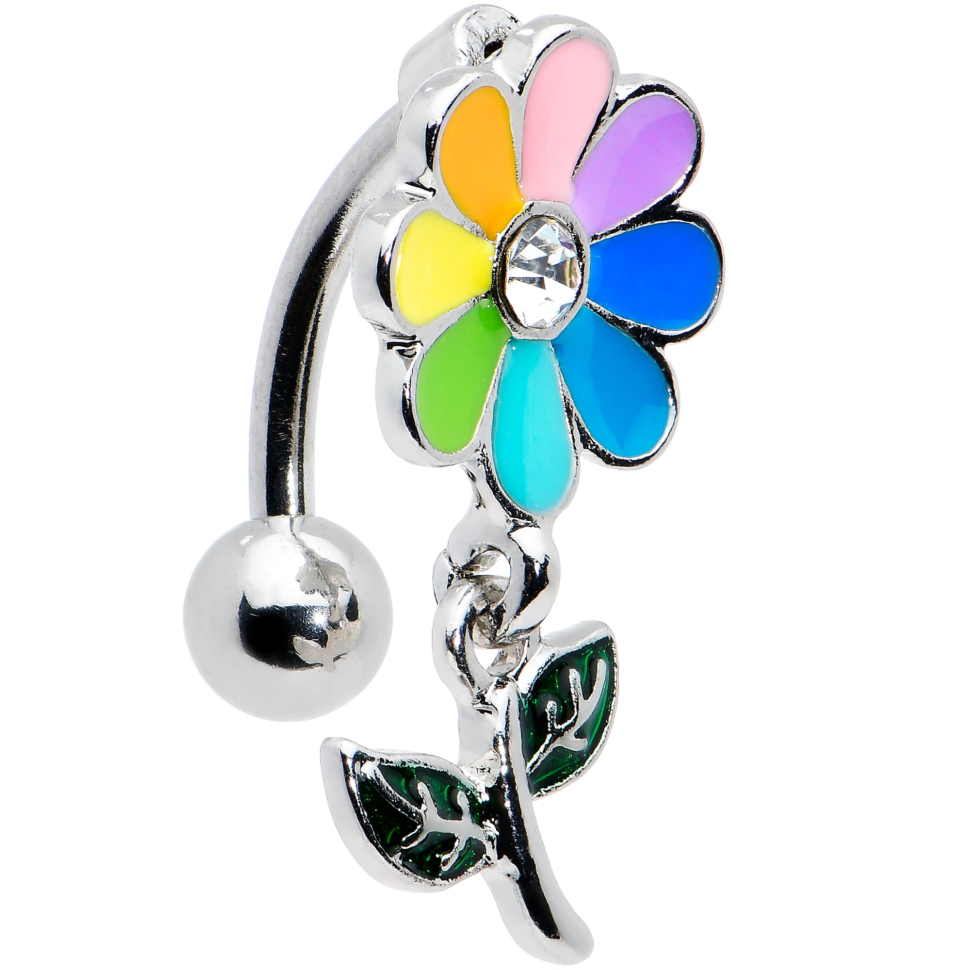 Clear Gem Rainbow Pride Flower Top Mount Dangle Belly Ring