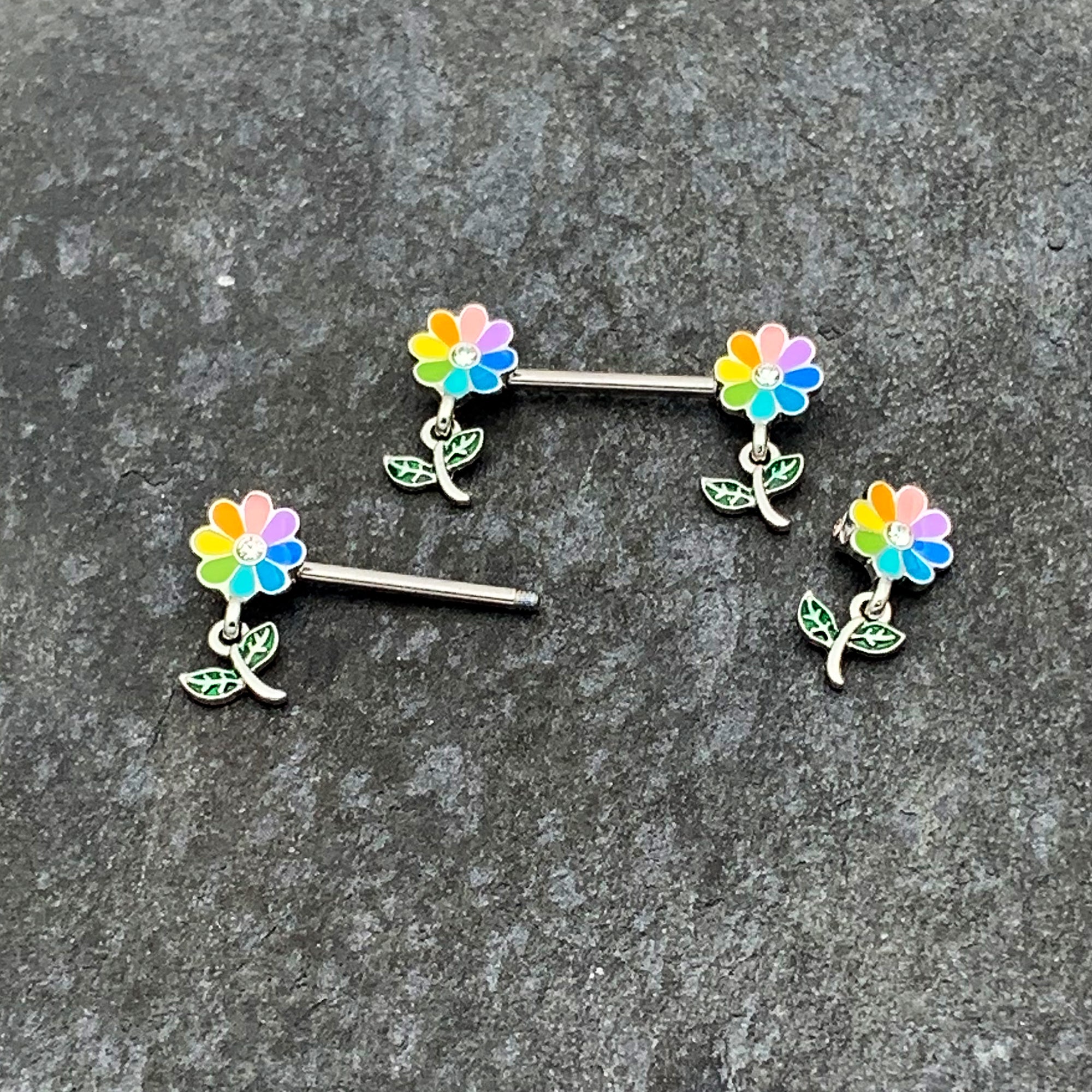 14 Gauge 9/16 Clear Gem Pride Rainbow Flower Dangle Nipple Ring Set