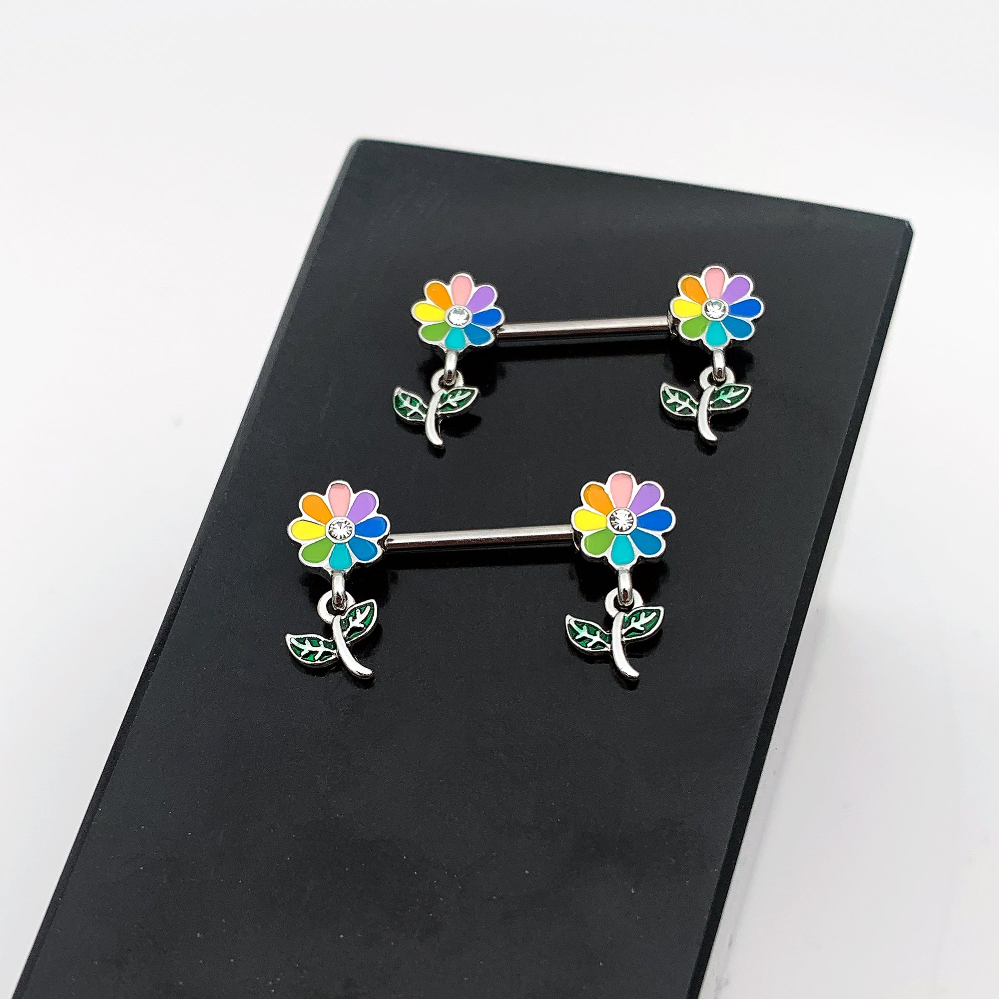 14 Gauge 9/16 Clear Gem Pride Rainbow Flower Dangle Nipple Ring Set