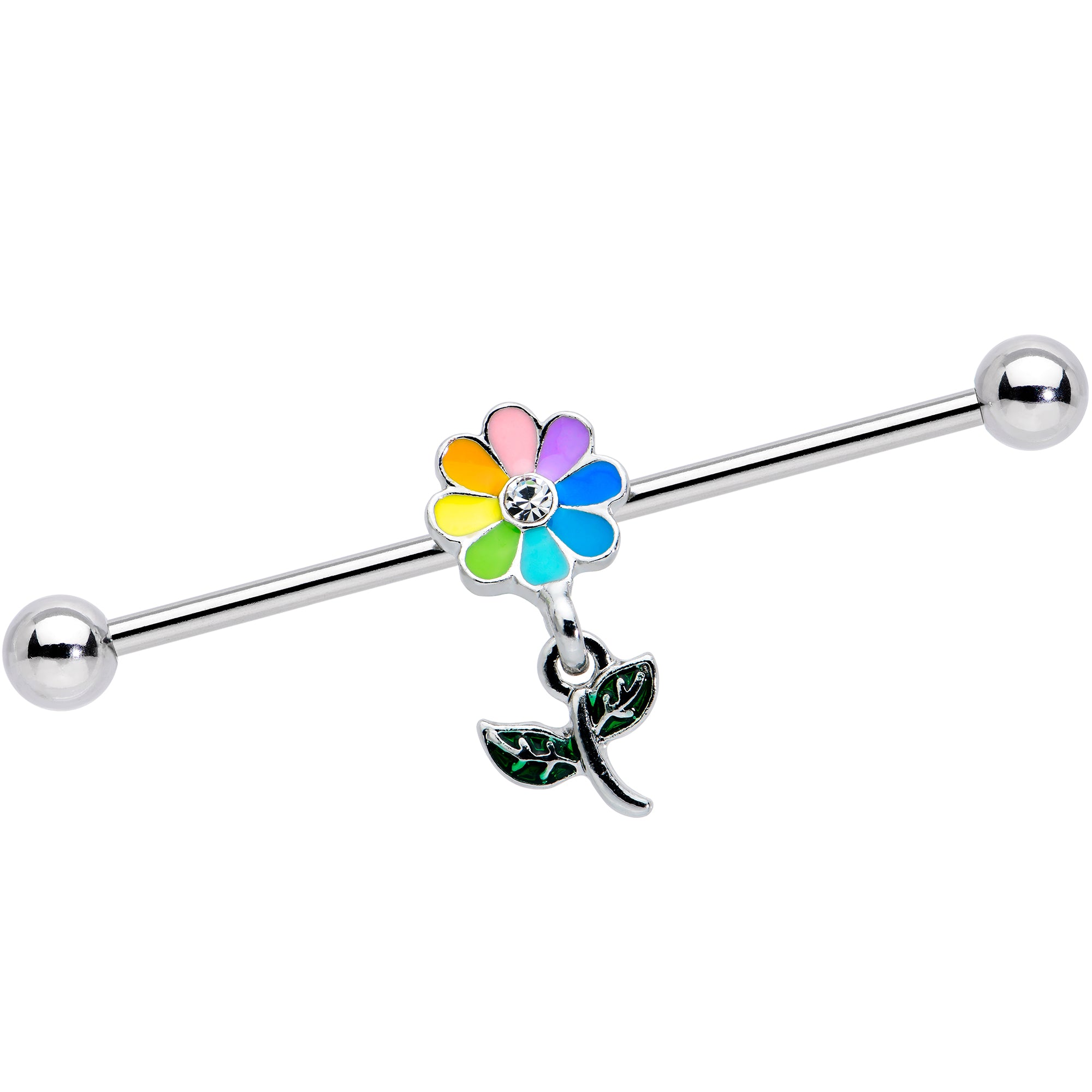 14 Gauge Clear Gem Pride Rainbow Flower Dangle Industrial Barbell 38mm