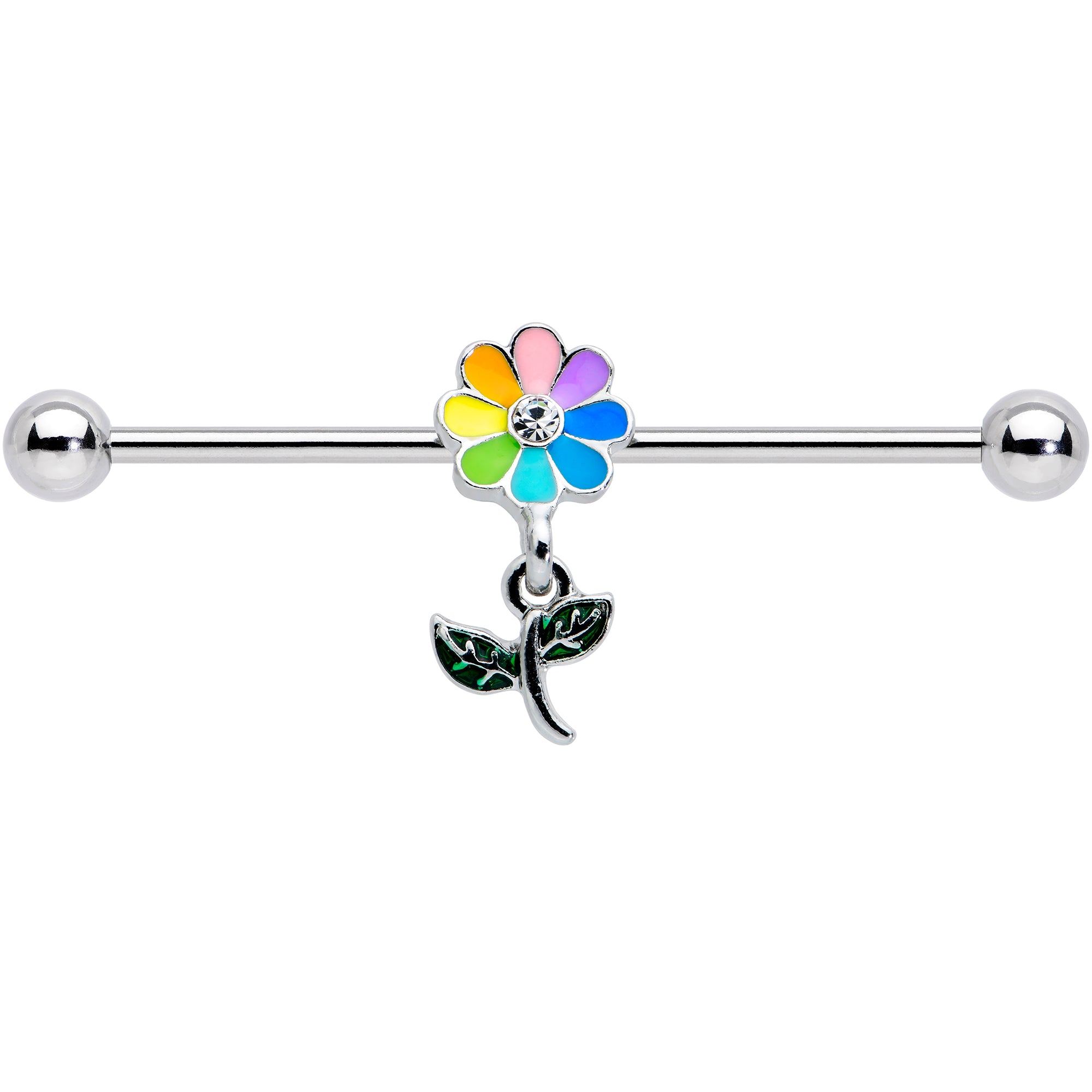 14 Gauge Clear Gem Pride Rainbow Flower Dangle Industrial Barbell 38mm