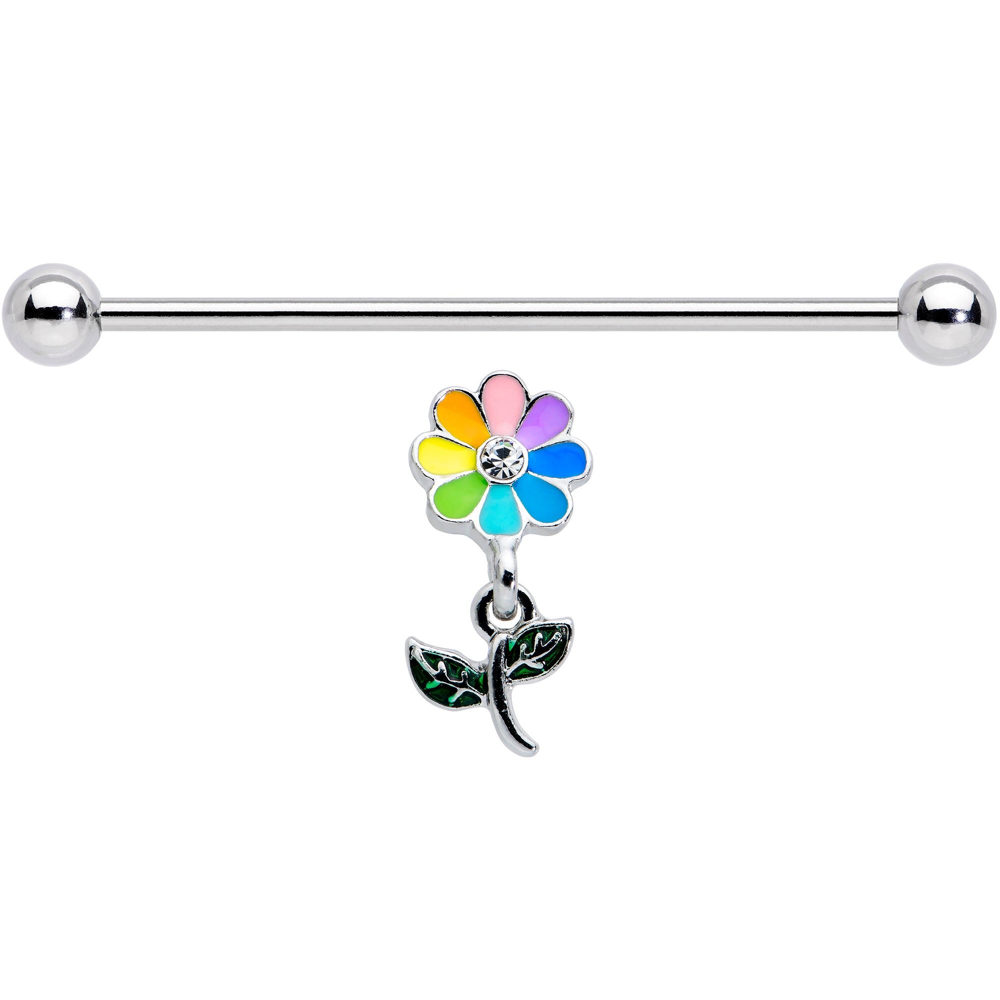 14 Gauge Clear Gem Pride Rainbow Flower Dangle Industrial Barbell 38mm