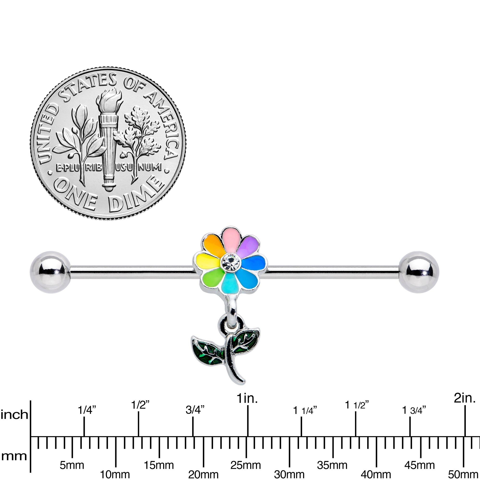 14 Gauge Clear Gem Pride Rainbow Flower Dangle Industrial Barbell 38mm