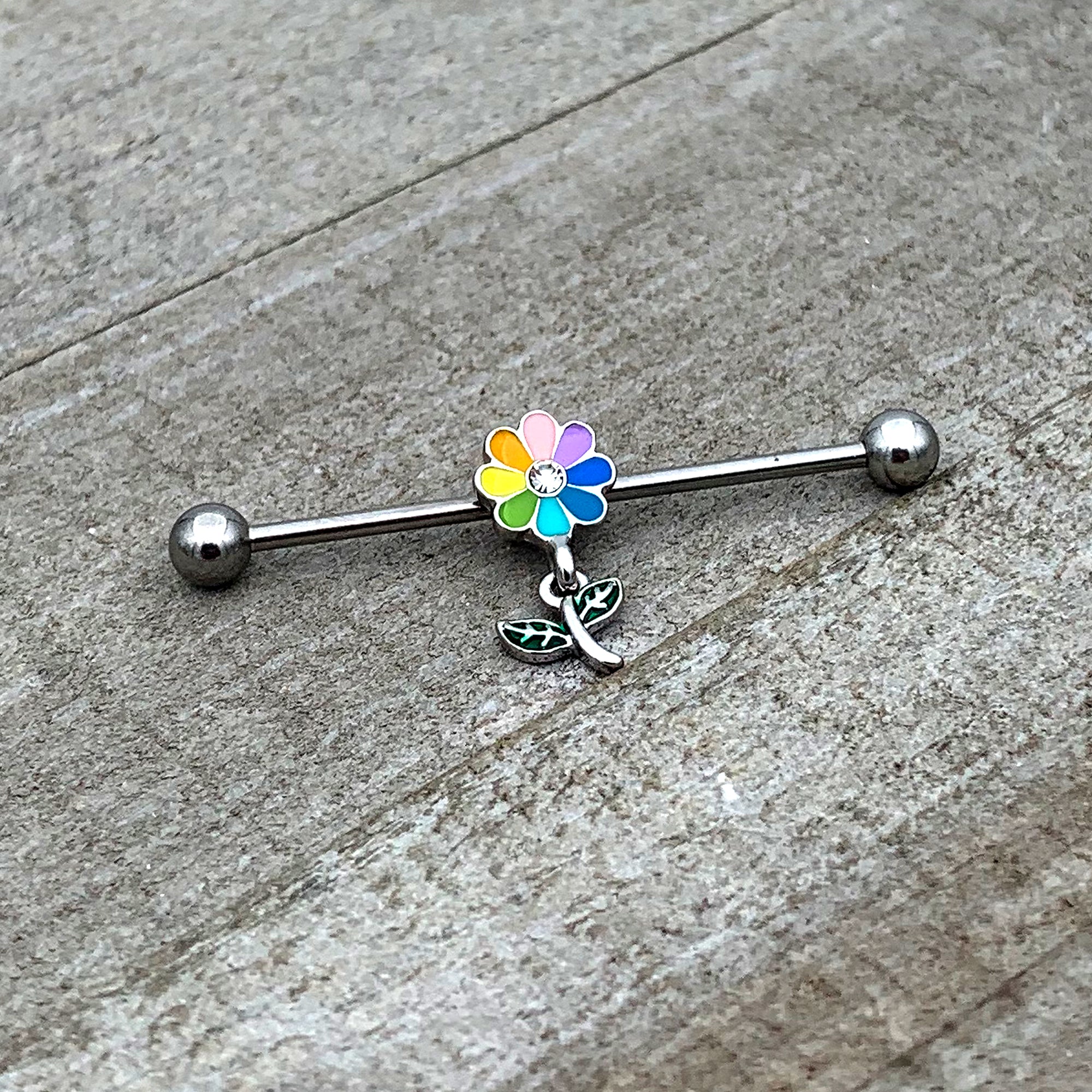 14 Gauge Clear Gem Pride Rainbow Flower Dangle Industrial Barbell 38mm