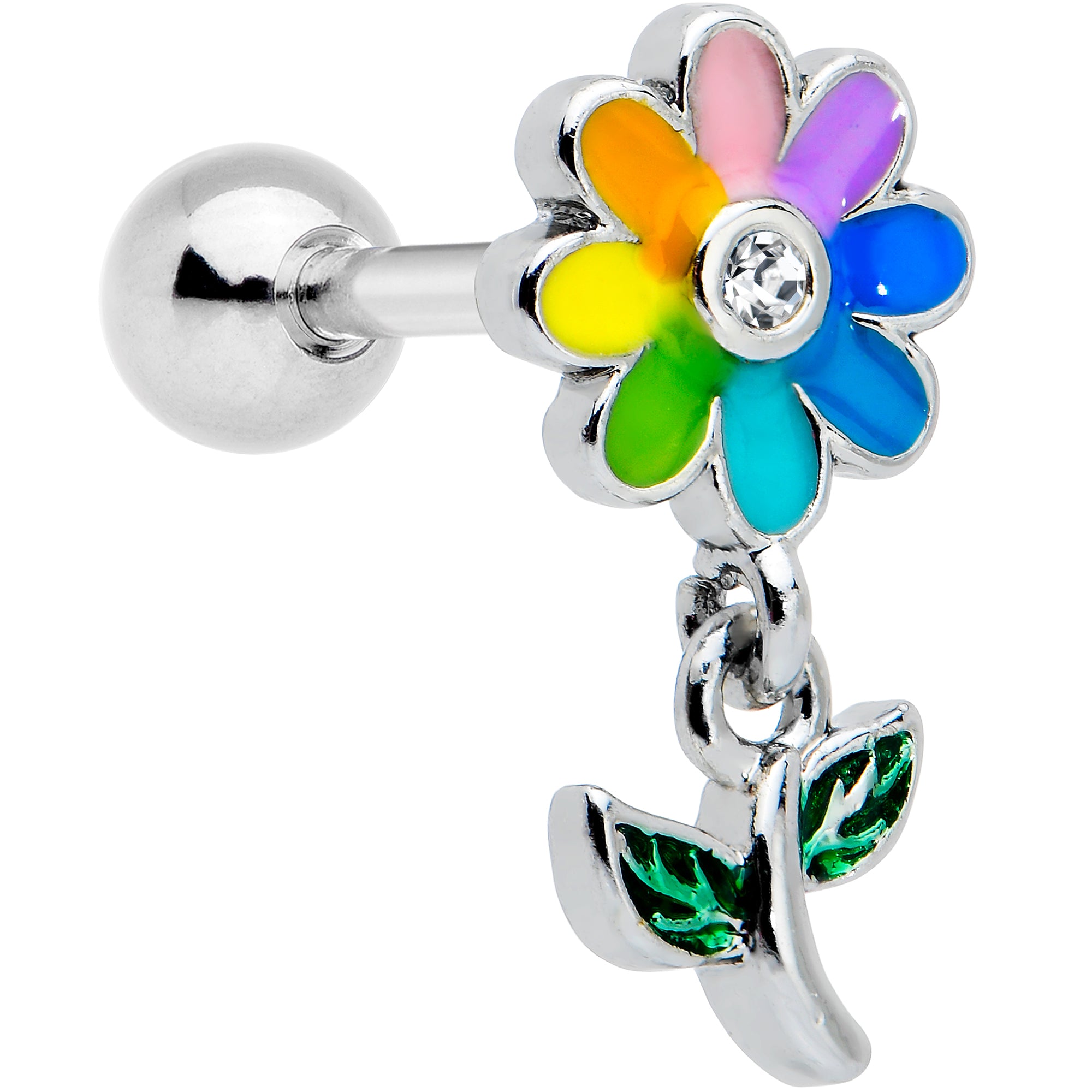 16 Gauge 1/4 Clear Gem Pride Rainbow Flower Dangle Cartilage Tragus