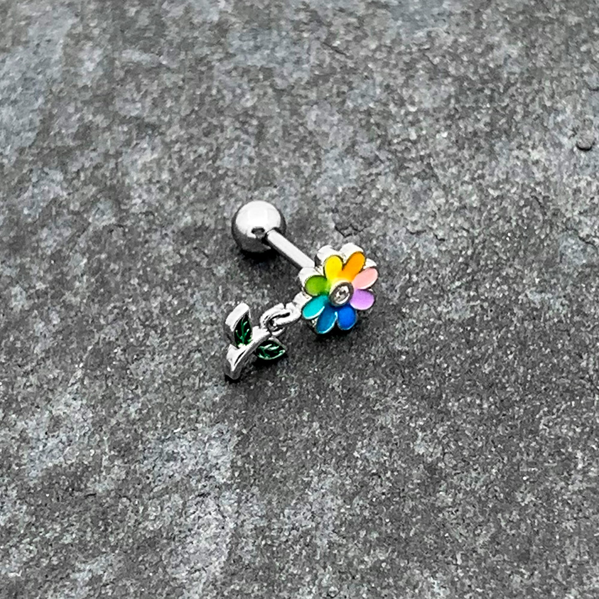 16 Gauge 1/4 Clear Gem Pride Rainbow Flower Dangle Cartilage Tragus