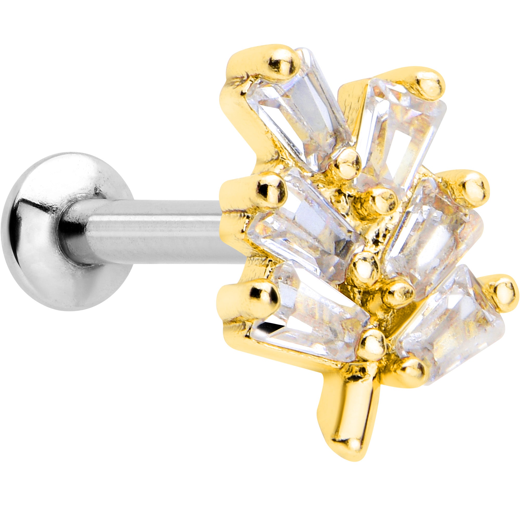 16 Gauge 1/4 Clear CZ Gem Leafy Golden Branch Threadless Labret Tragus