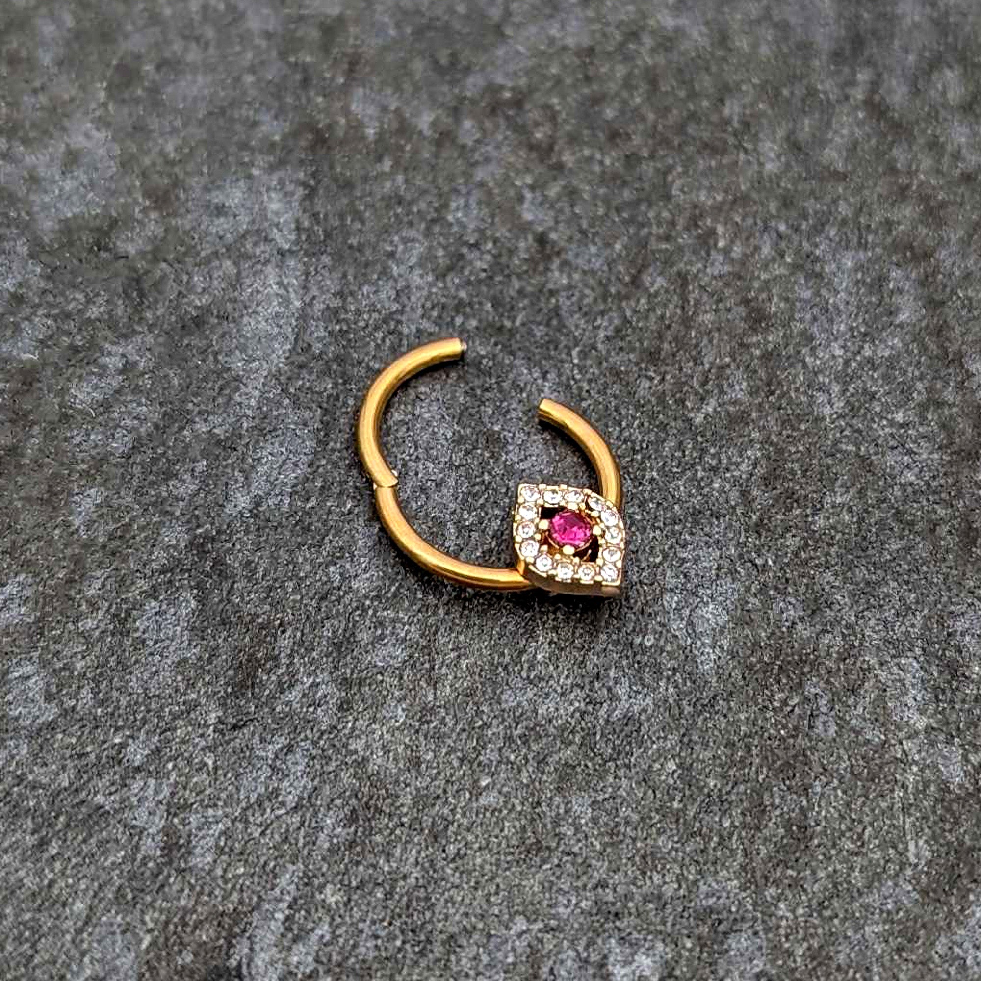 16 Gauge 3/8 Clear Pink Gem Gold Tone Open Eye Hinged Segment Ring