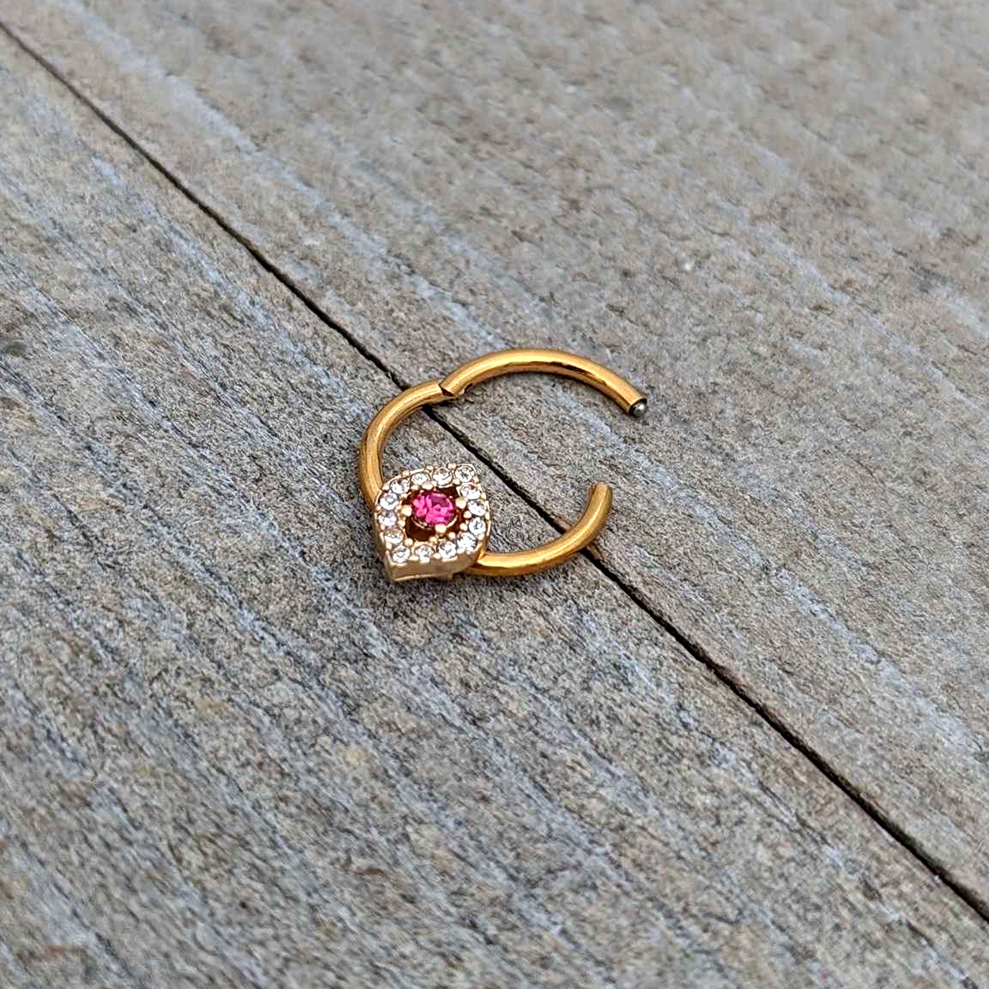 16 Gauge 3/8 Clear Pink Gem Gold Tone Open Eye Hinged Segment Ring