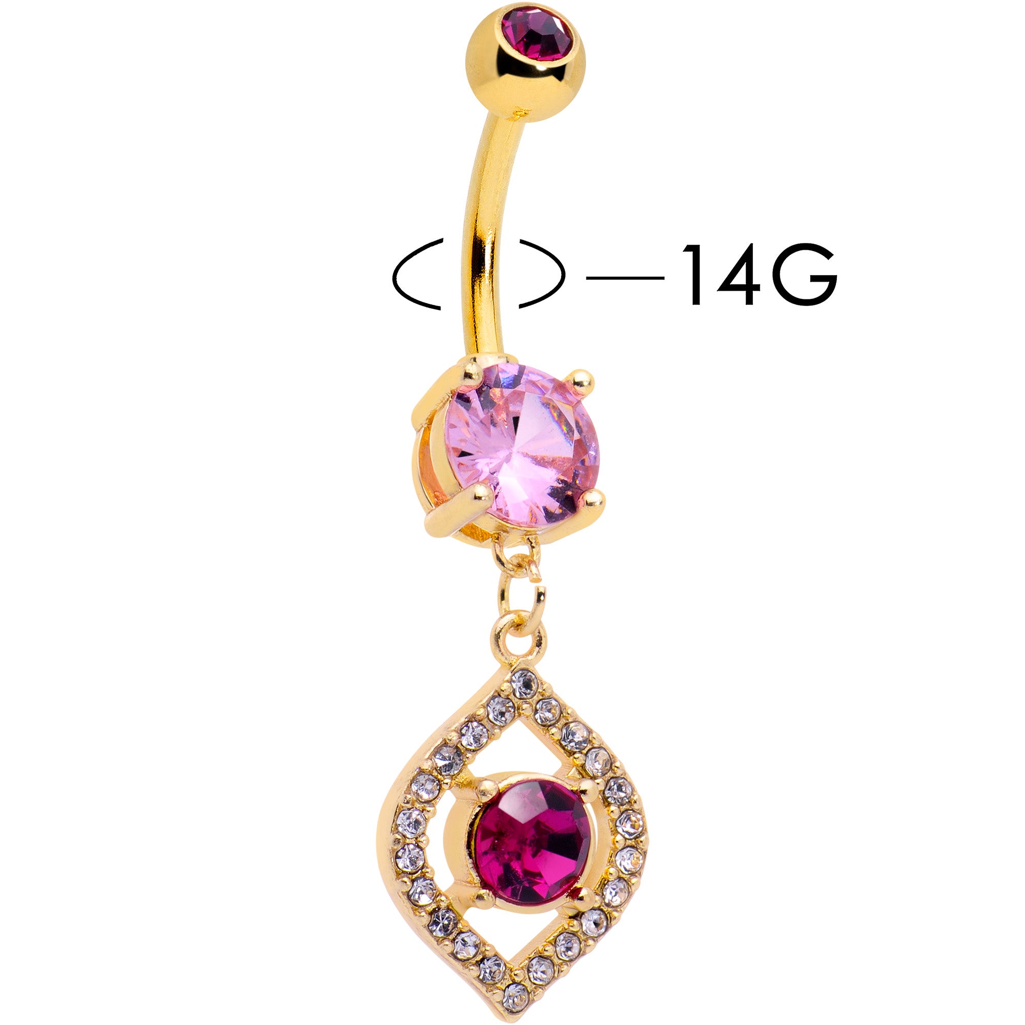 Clear Pink Gem Gold Tone Open Eye Dangle Belly Ring