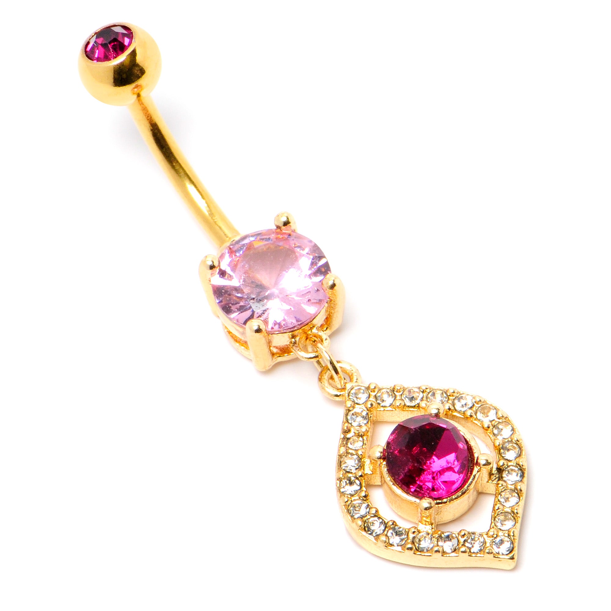 Clear Pink Gem Gold Tone Open Eye Dangle Belly Ring