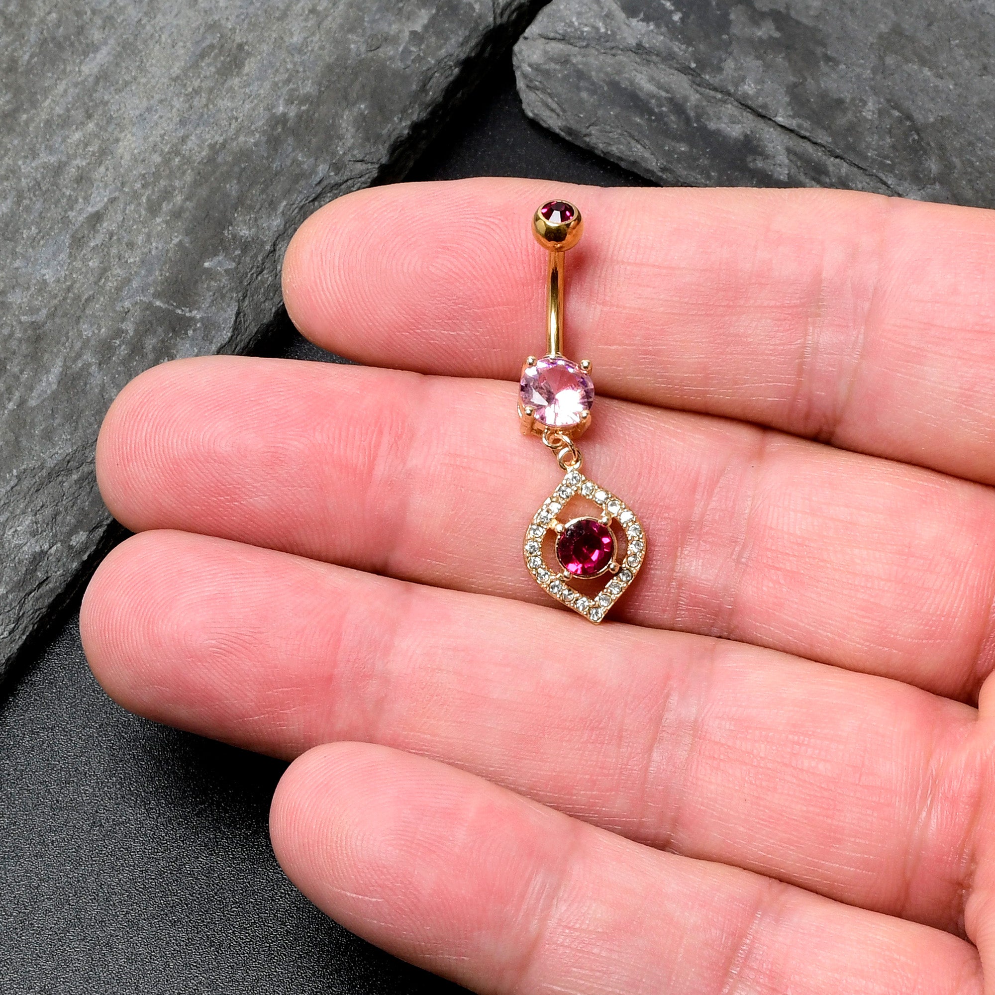 Clear Pink Gem Gold Tone Open Eye Dangle Belly Ring