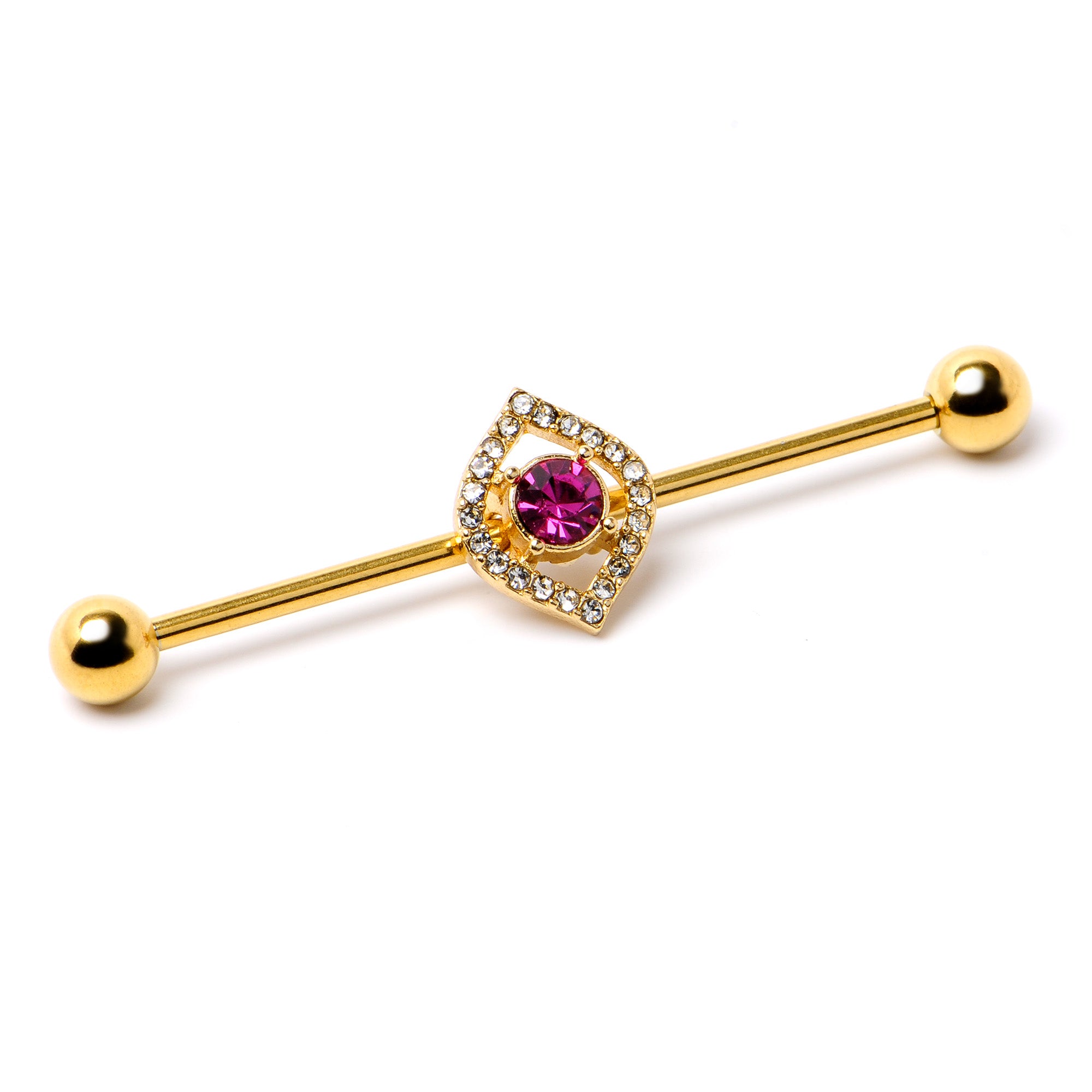 14 Gauge Clear Pink Gem Gold Tone Open Eye Industrial Barbell 38mm