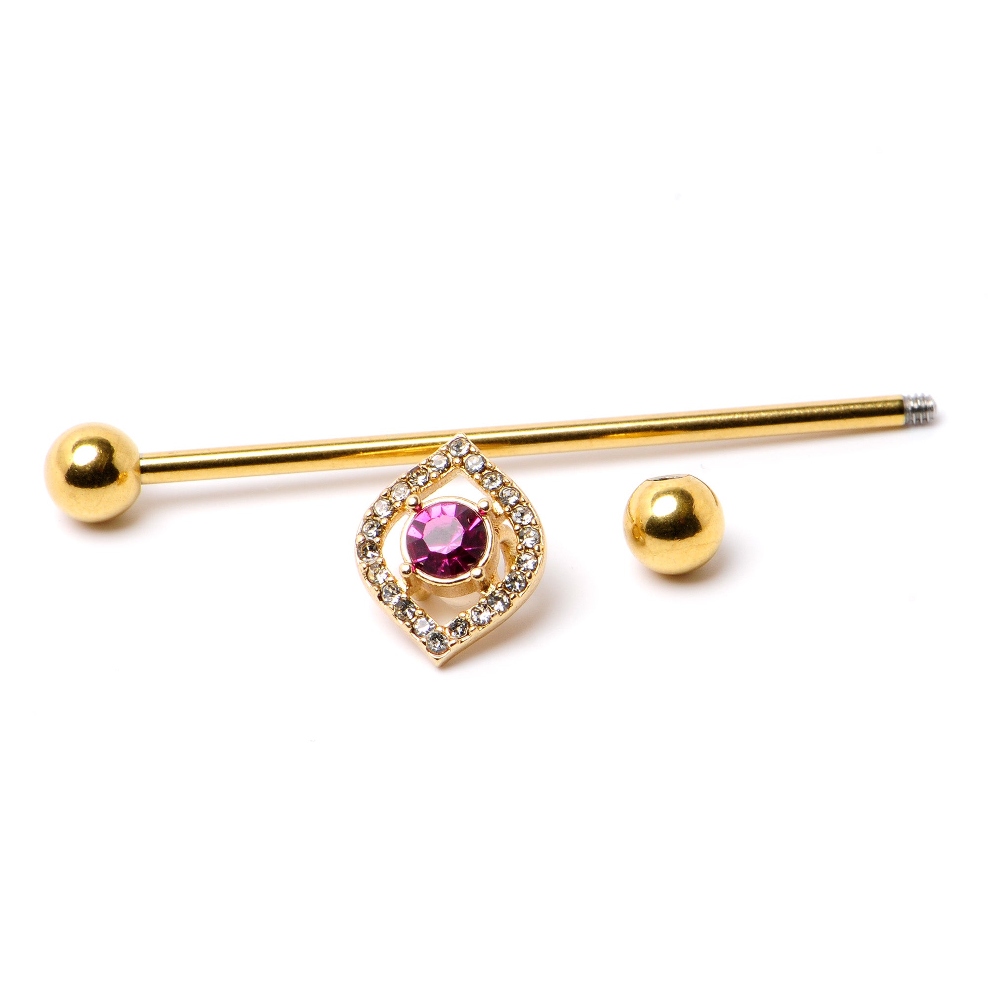 14 Gauge Clear Pink Gem Gold Tone Open Eye Industrial Barbell 38mm