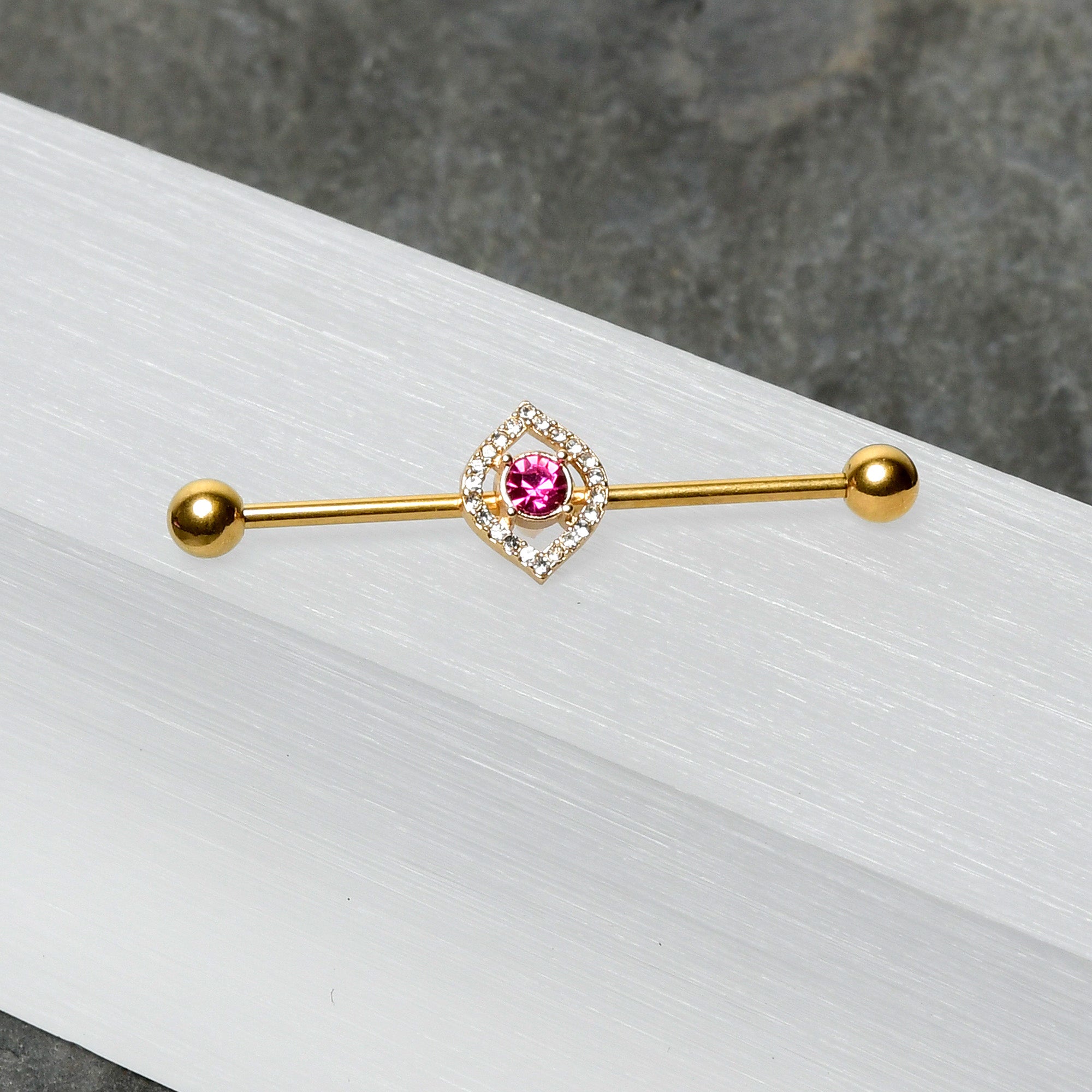 14 Gauge Clear Pink Gem Gold Tone Open Eye Industrial Barbell 38mm