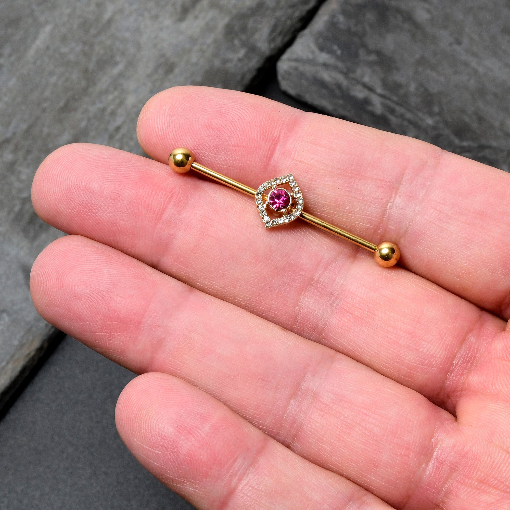 14 Gauge Clear Pink Gem Gold Tone Open Eye Industrial Barbell 38mm