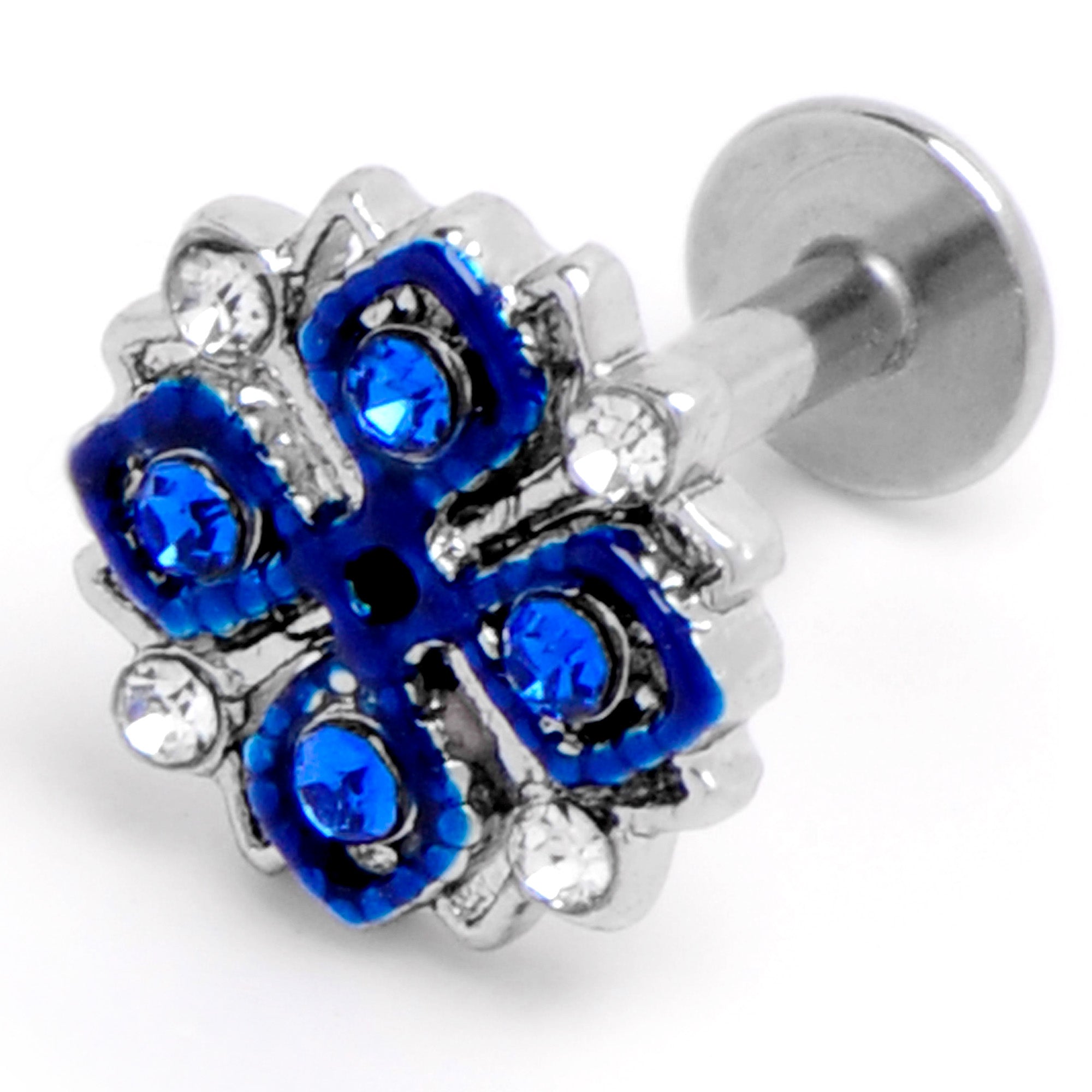 16 Gauge 1/4 Clear Blue Gem Embellished Cross Labret