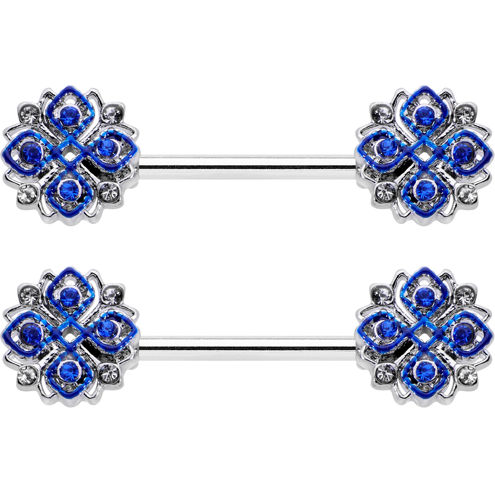 14 Gauge 9/16 Clear Blue Gem Embellished Cross Barbell Nipple Ring Set