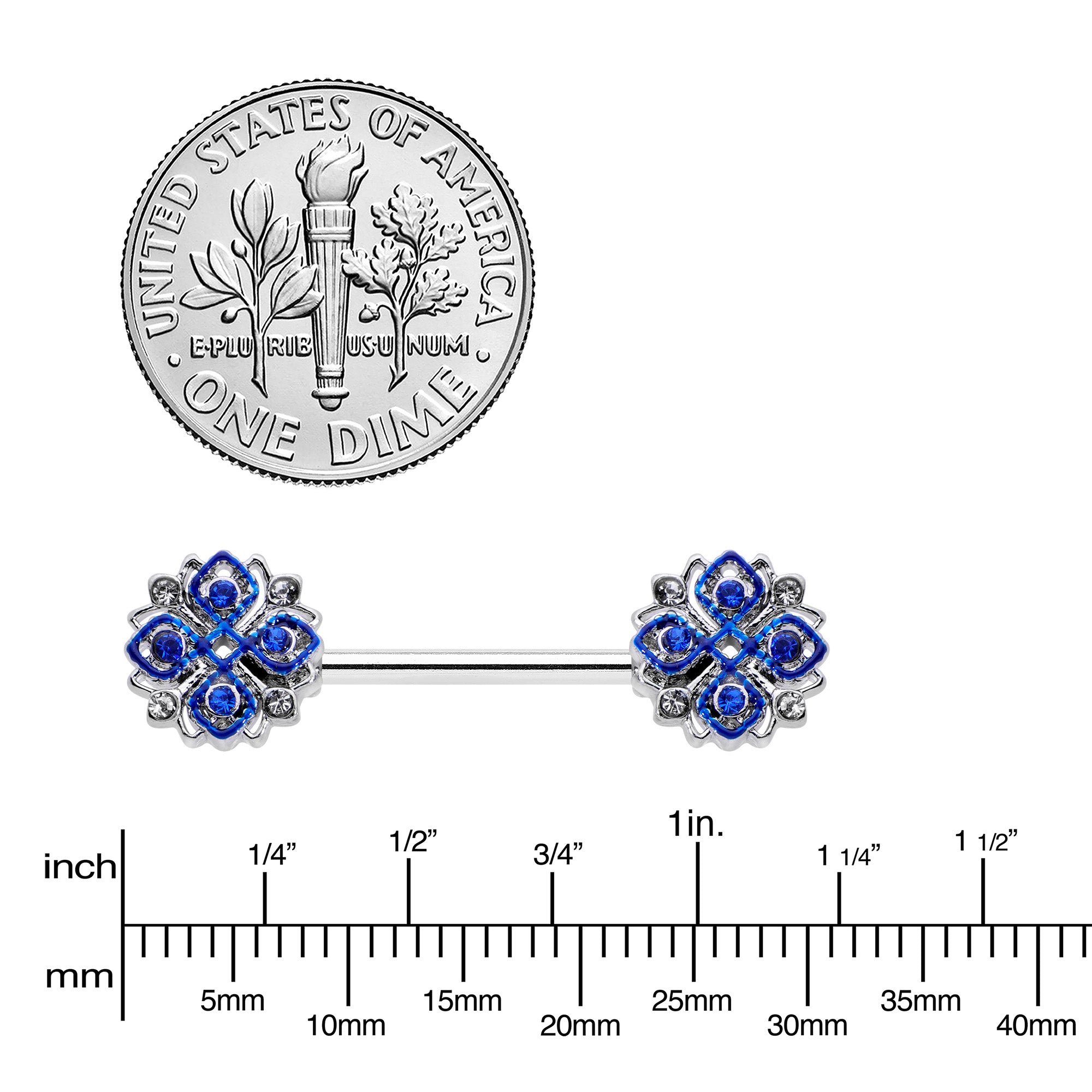 14 Gauge 9/16 Clear Blue Gem Embellished Cross Barbell Nipple Ring Set