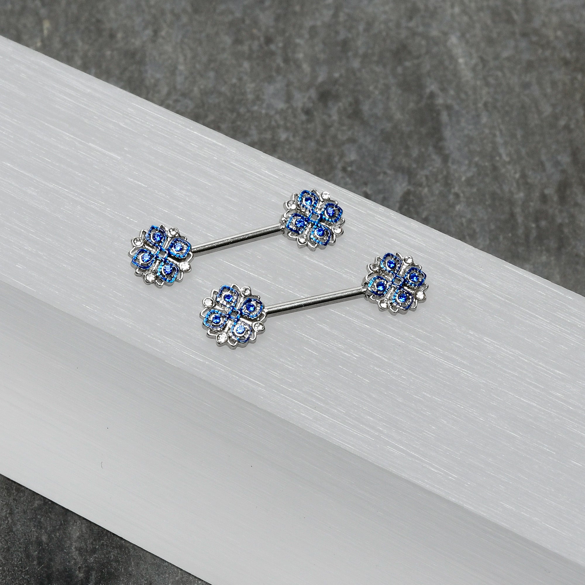 14 Gauge 9/16 Clear Blue Gem Embellished Cross Barbell Nipple Ring Set