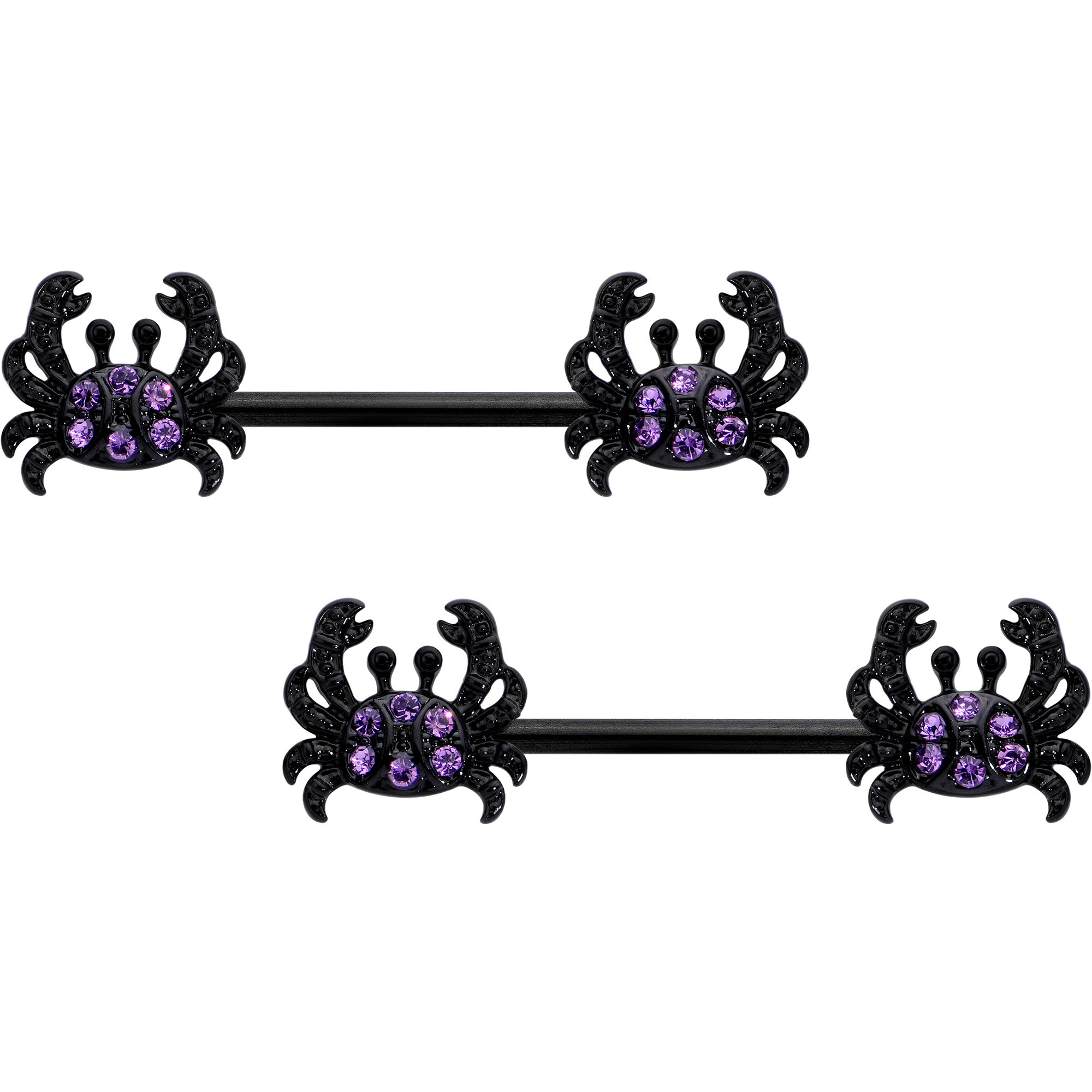 14 Gauge 9/16 Purple Gem Black Chic Crab Barbell Nipple Ring Set