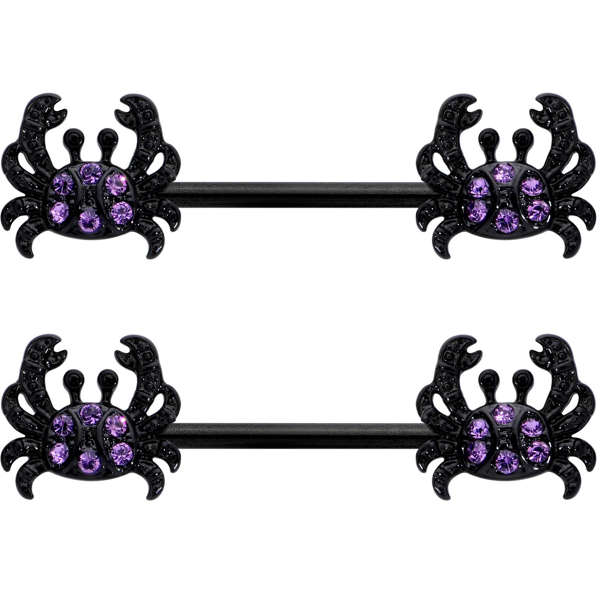 14 Gauge 9/16 Purple Gem Black Chic Crab Barbell Nipple Ring Set