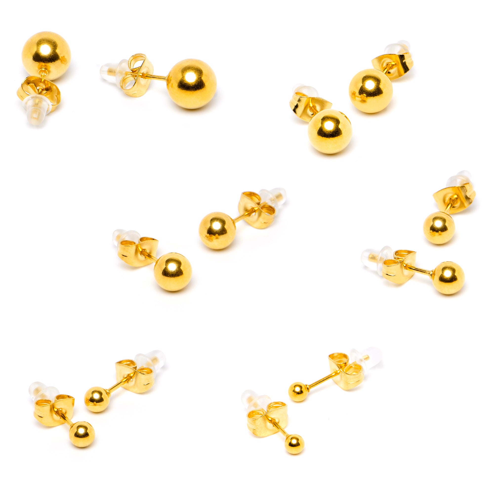 3mm-8mm Ball Stud Gold Tone 316L Stainless Steel Earrings 6 Pack