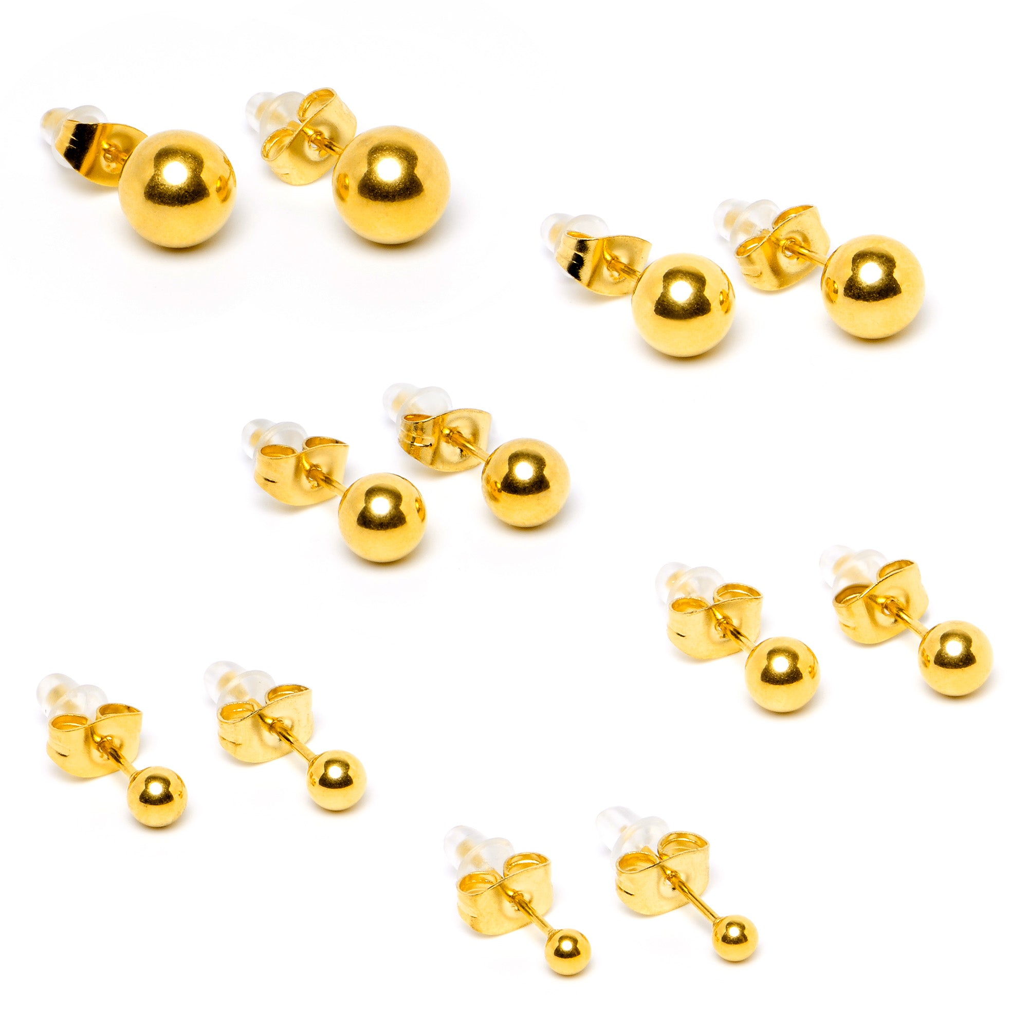 3mm-8mm Ball Stud Gold Tone 316L Stainless Steel Earrings 6 Pack