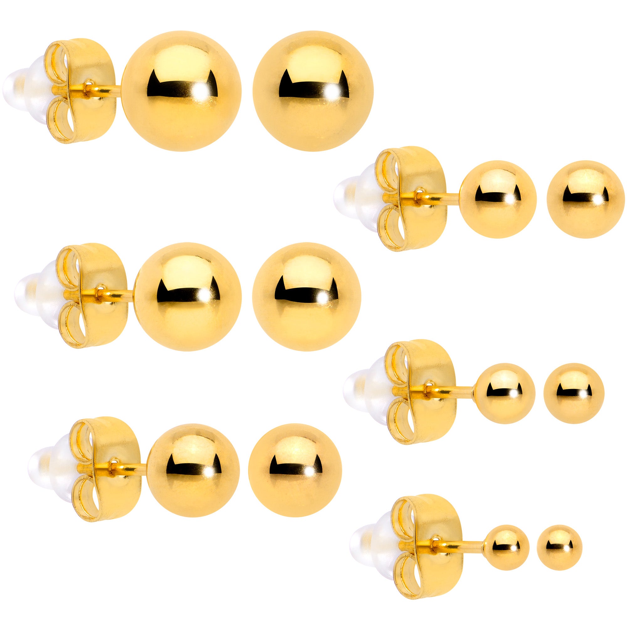 3mm-8mm Ball Stud Gold Tone 316L Stainless Steel Earrings 6 Pack