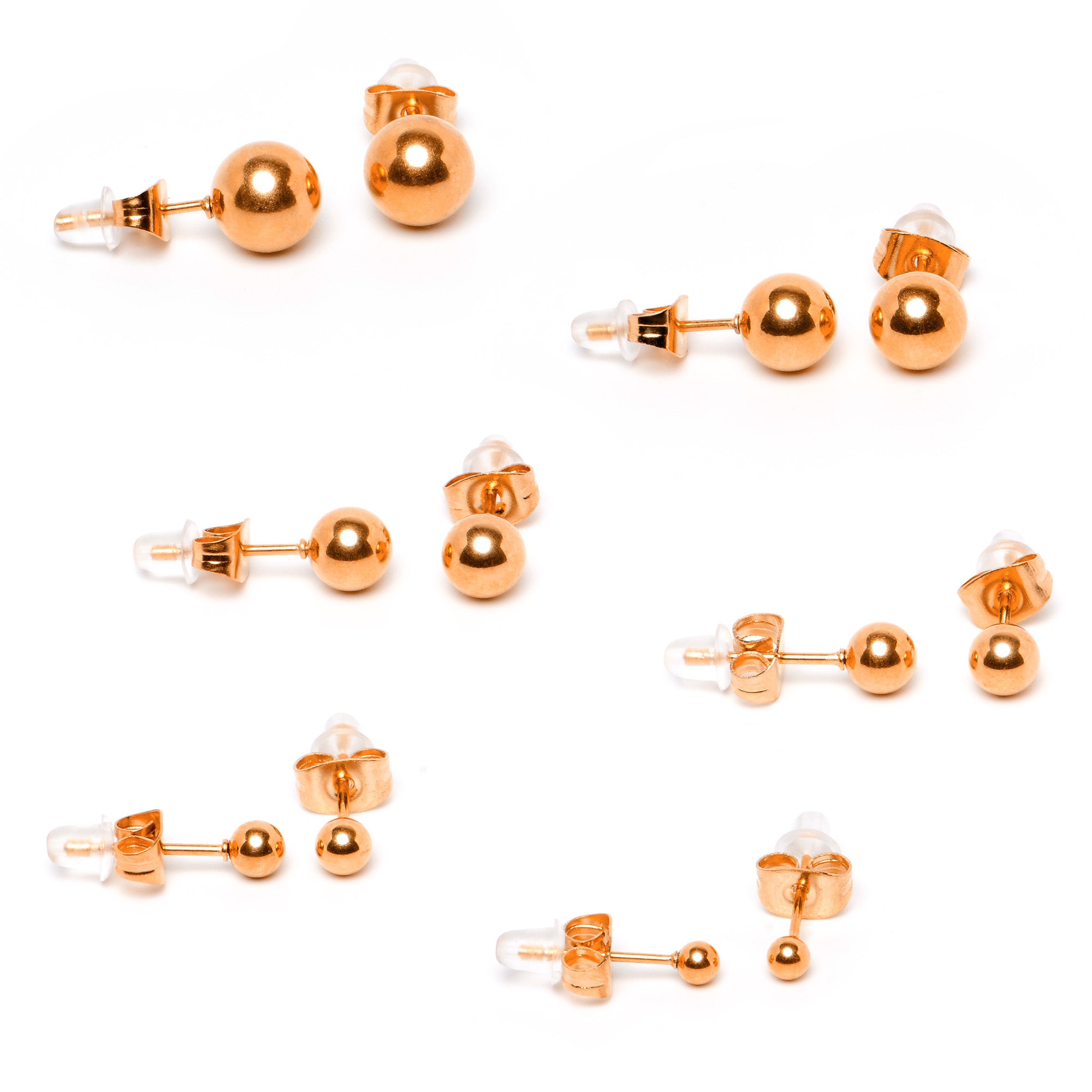 3mm-8mm Ball Stud Rose Gold Tone 316L Stainless Steel Earrings 6 Pack