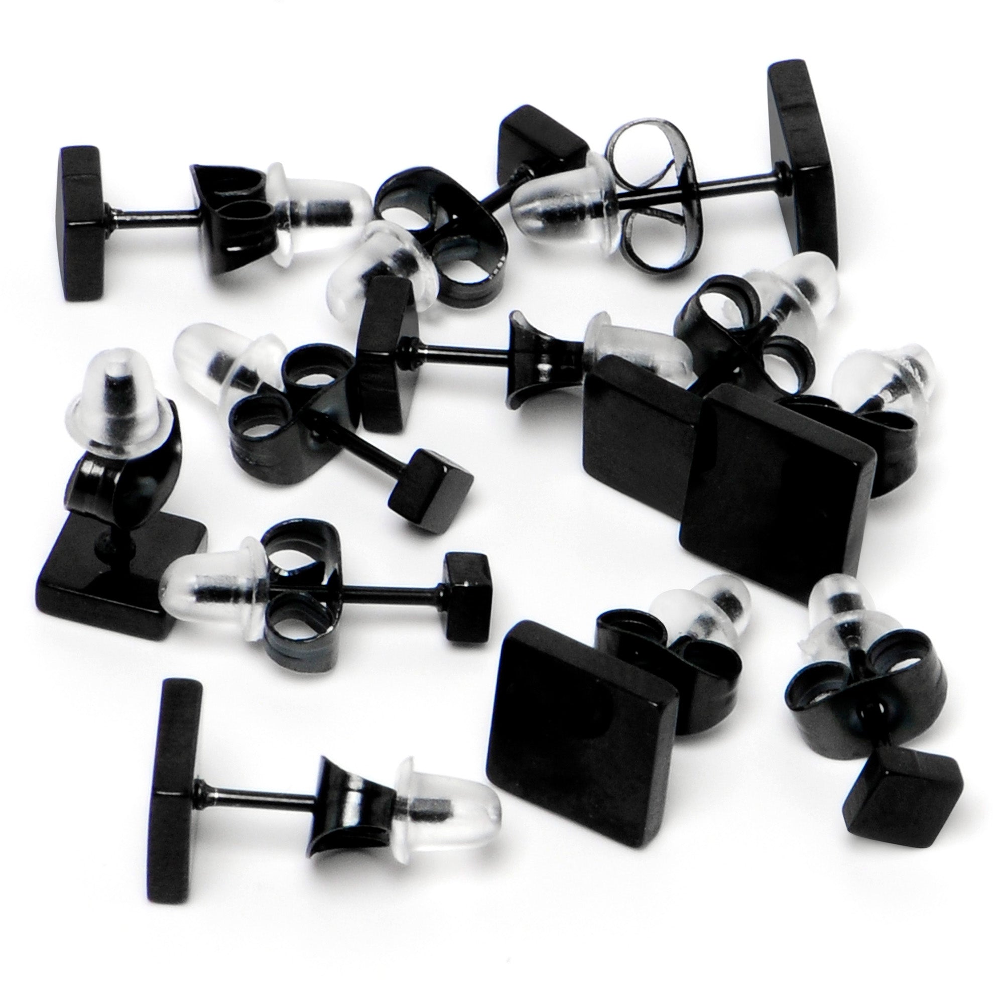 3mm-8mm Square Stud Black 316L Stainless Steel Earrings 6 Pack