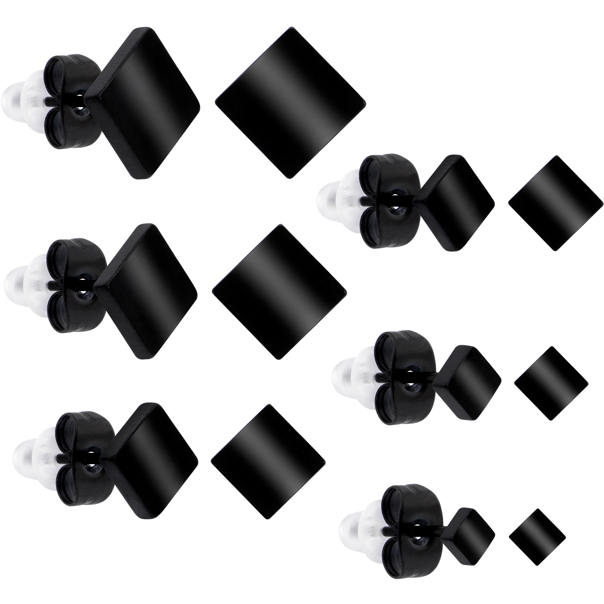 3mm-8mm Square Stud Black 316L Stainless Steel Earrings 6 Pack