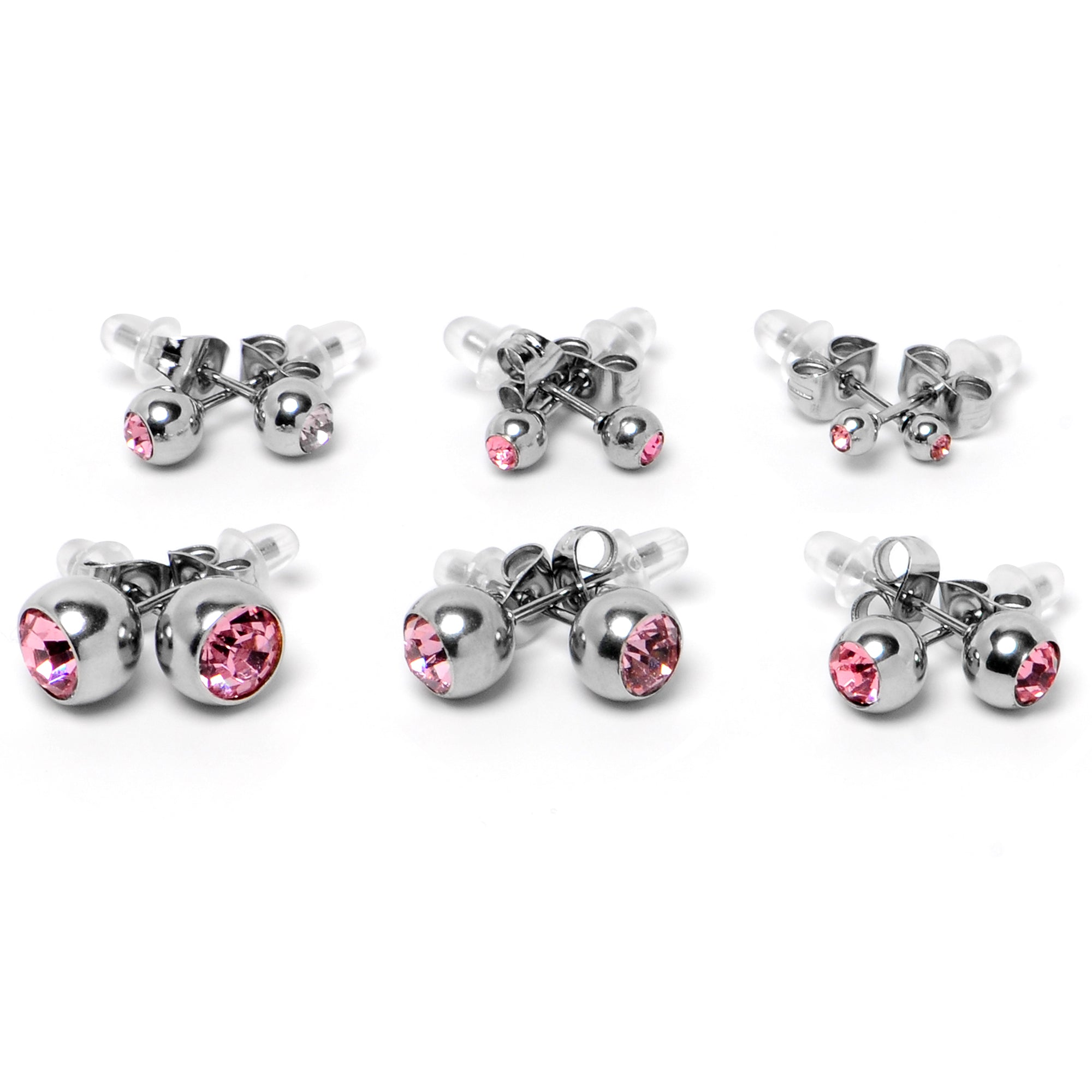 Pink Gem 3mm to 8mm Ball End Stud Earrings Set of 6