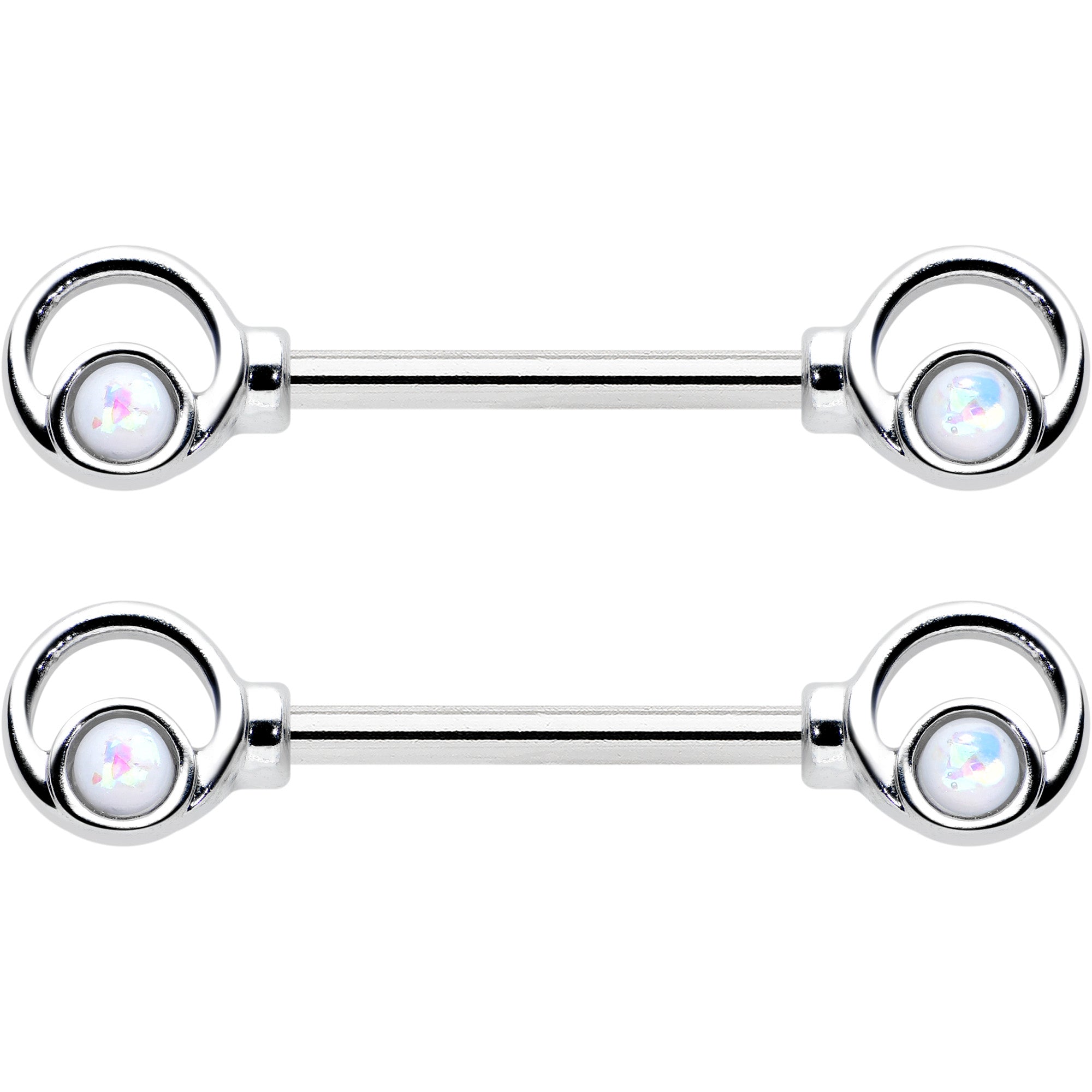 14 Gauge 1/2 White Faux Opal Double Circle Barbell Nipple Ring Set