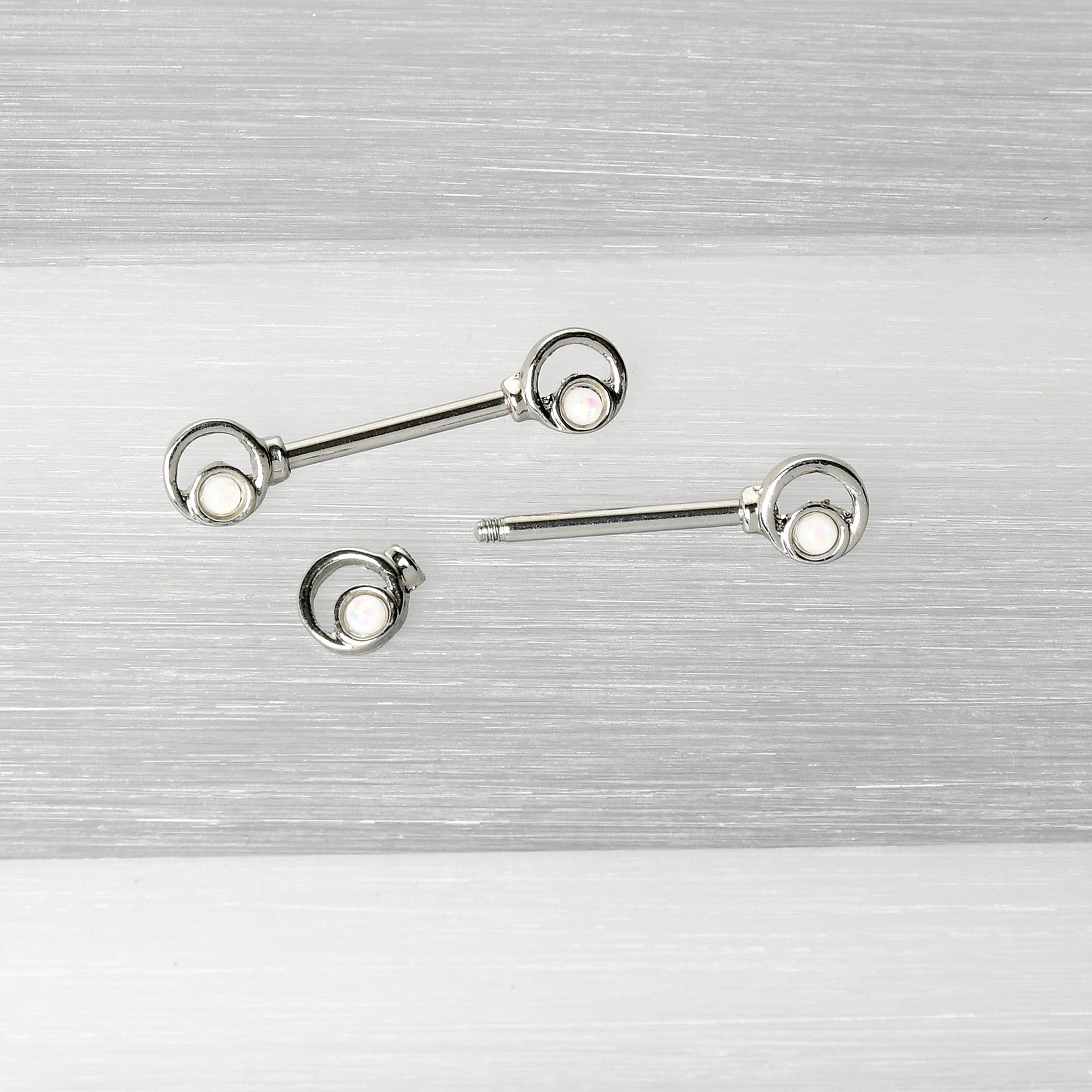 14 Gauge 1/2 White Faux Opal Double Circle Barbell Nipple Ring Set