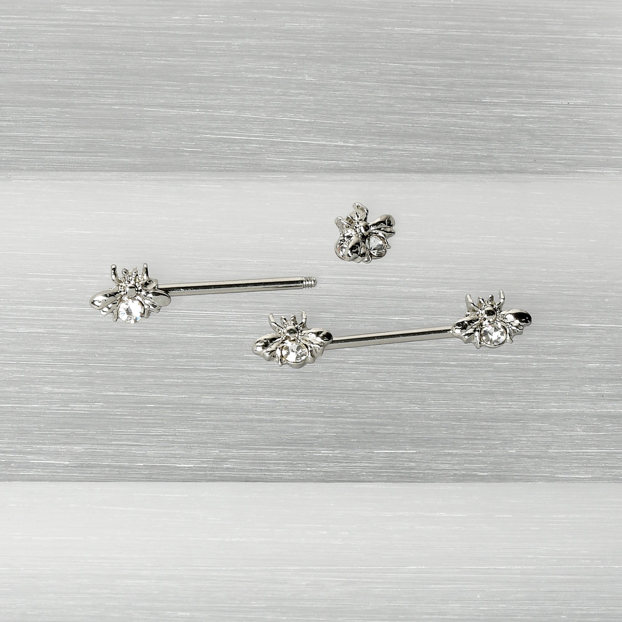 14 Gauge 9/16 Clear Gem Bee Beautiful Insect Barbell Nipple Ring Set