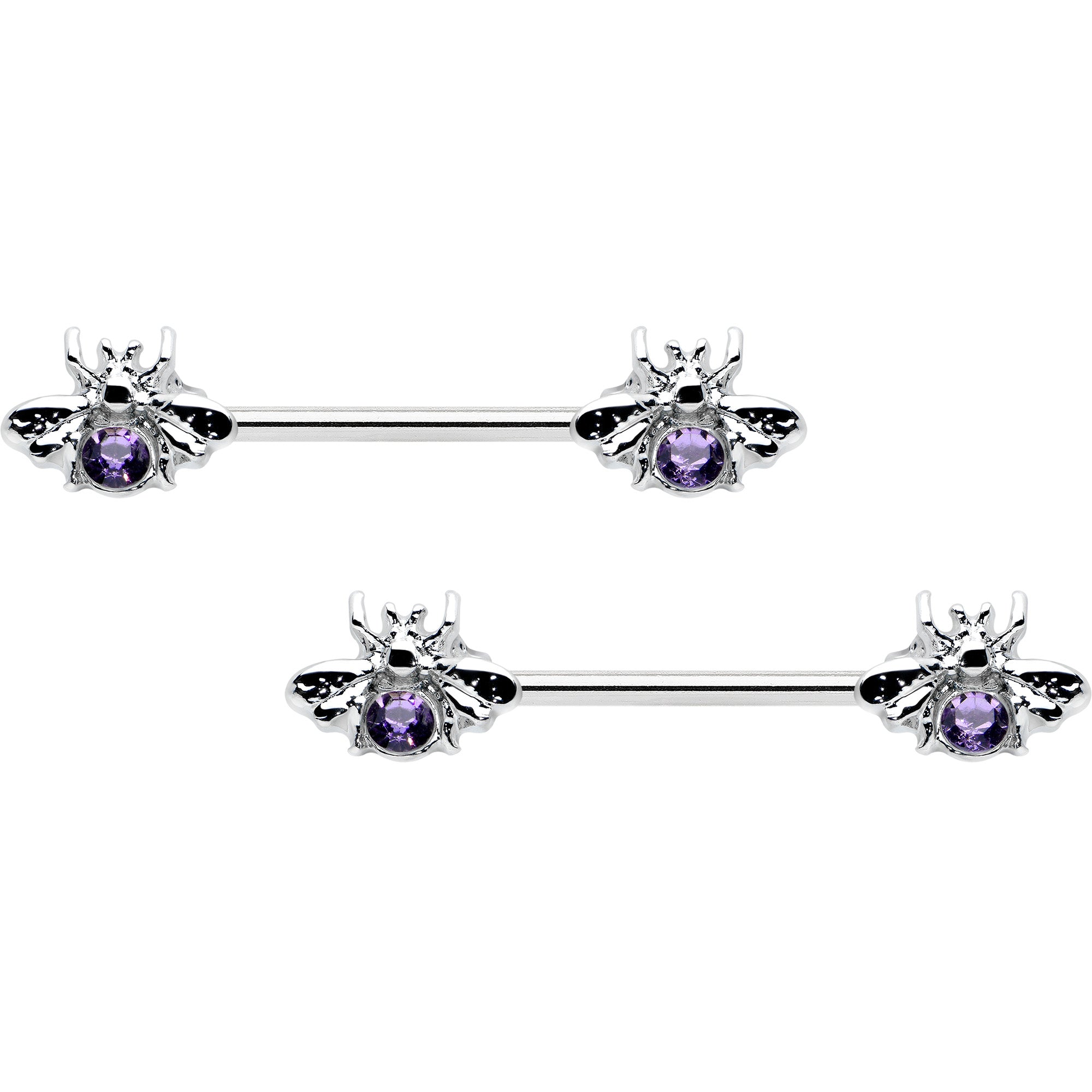 14 Gauge 9/16 Purple Gem Bee Beautiful Insect Barbell Nipple Ring Set