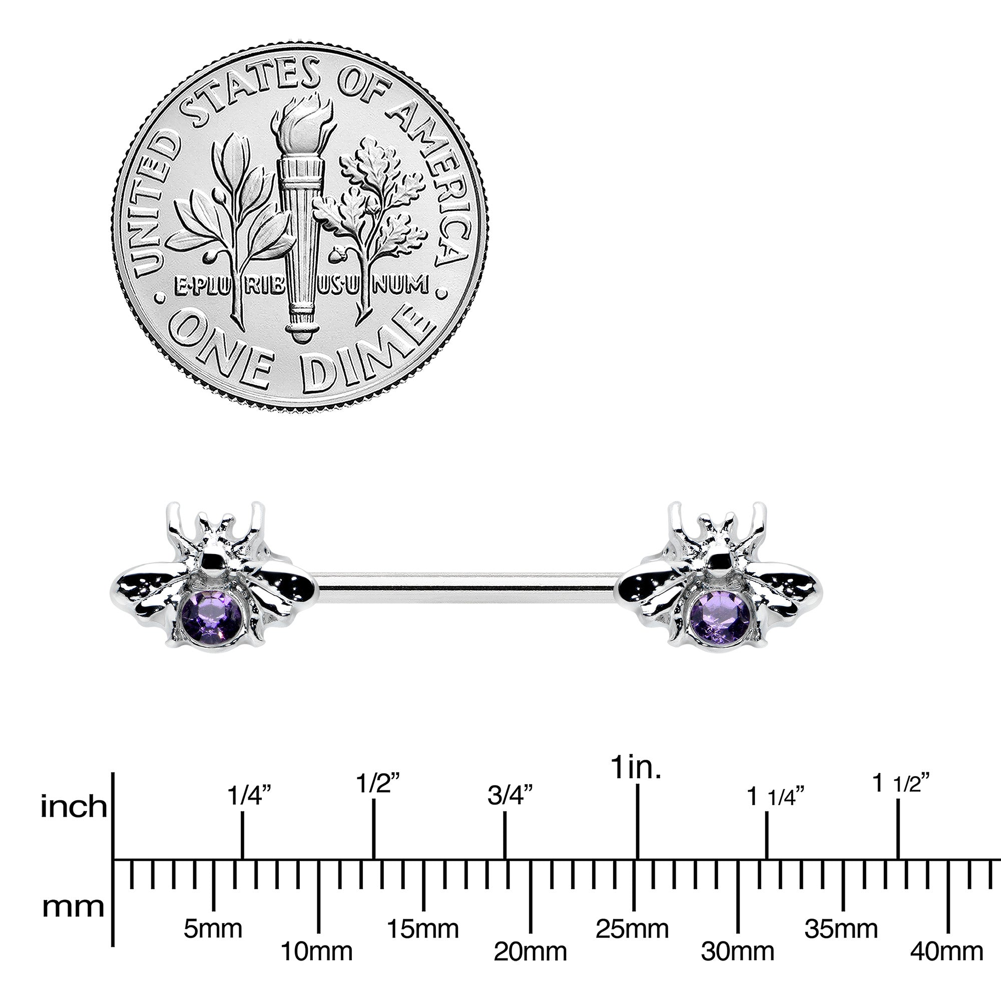 14 Gauge 9/16 Purple Gem Bee Beautiful Insect Barbell Nipple Ring Set