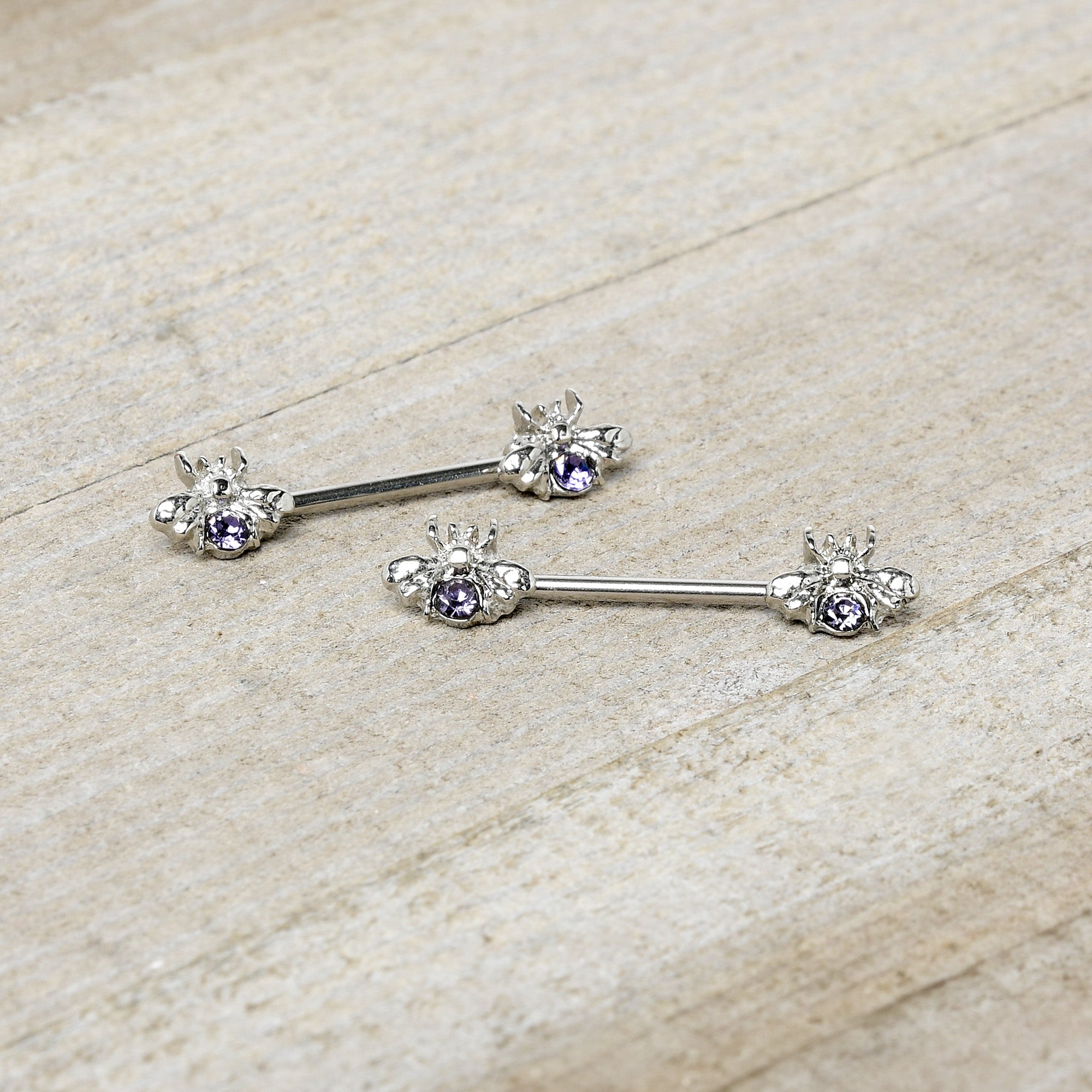 14 Gauge 9/16 Purple Gem Bee Beautiful Insect Barbell Nipple Ring Set