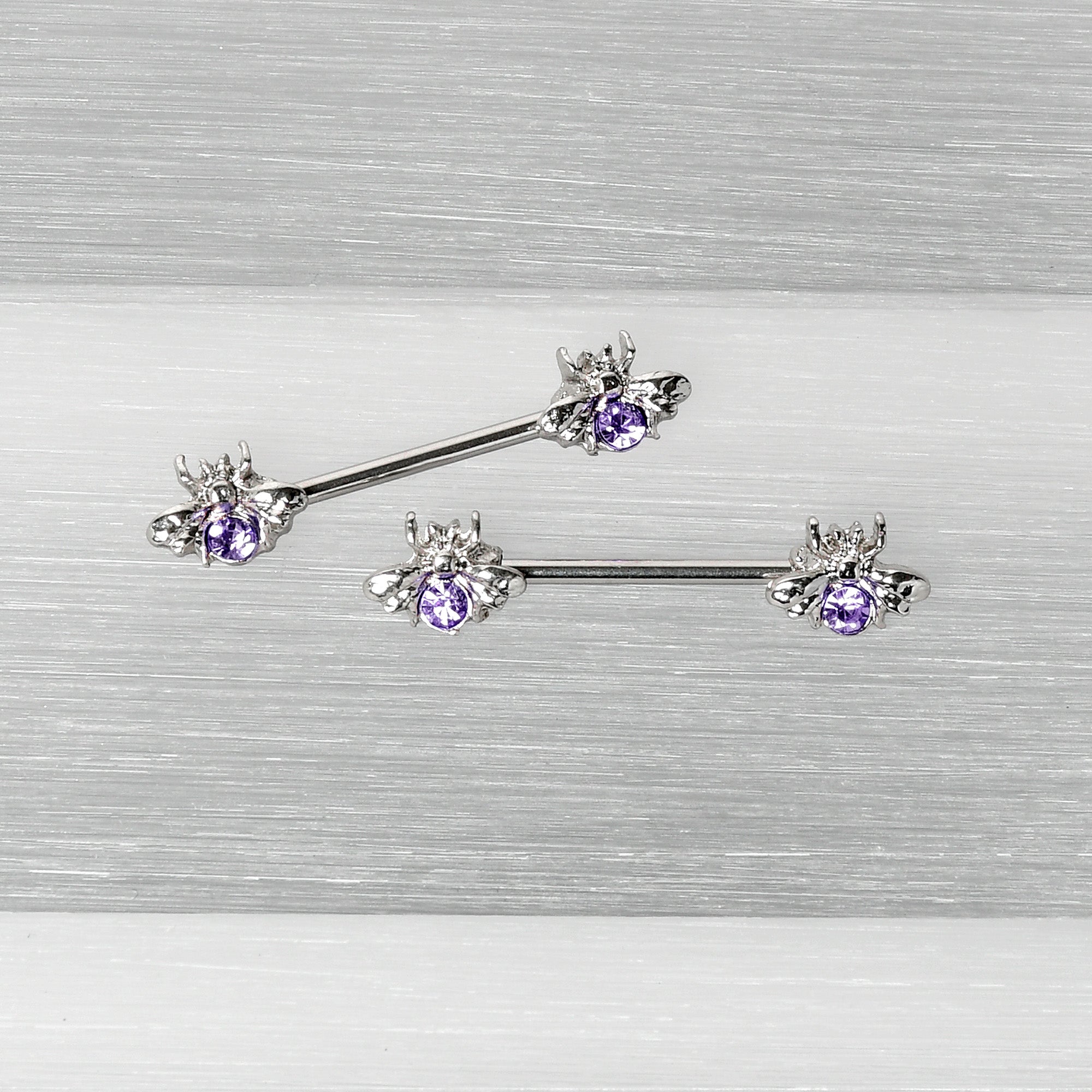 14 Gauge 9/16 Purple Gem Bee Beautiful Insect Barbell Nipple Ring Set