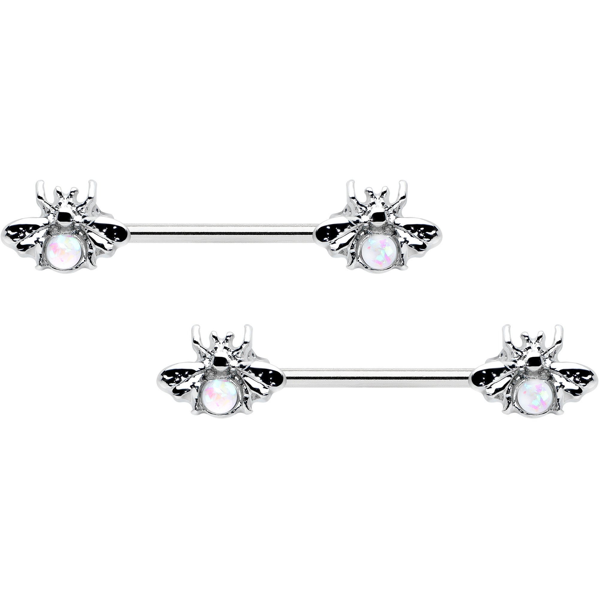 14 Gauge 9/16 White Faux Opal Bee Beauty Insect Barbell Nipple Ring Set