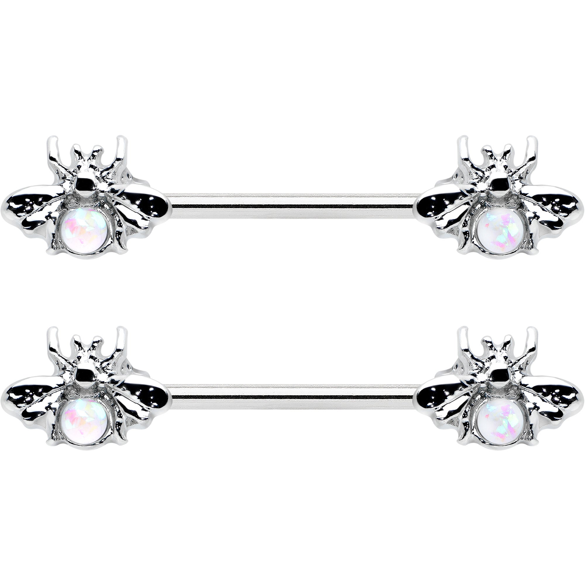 14 Gauge 9/16 White Faux Opal Bee Beauty Insect Barbell Nipple Ring Set