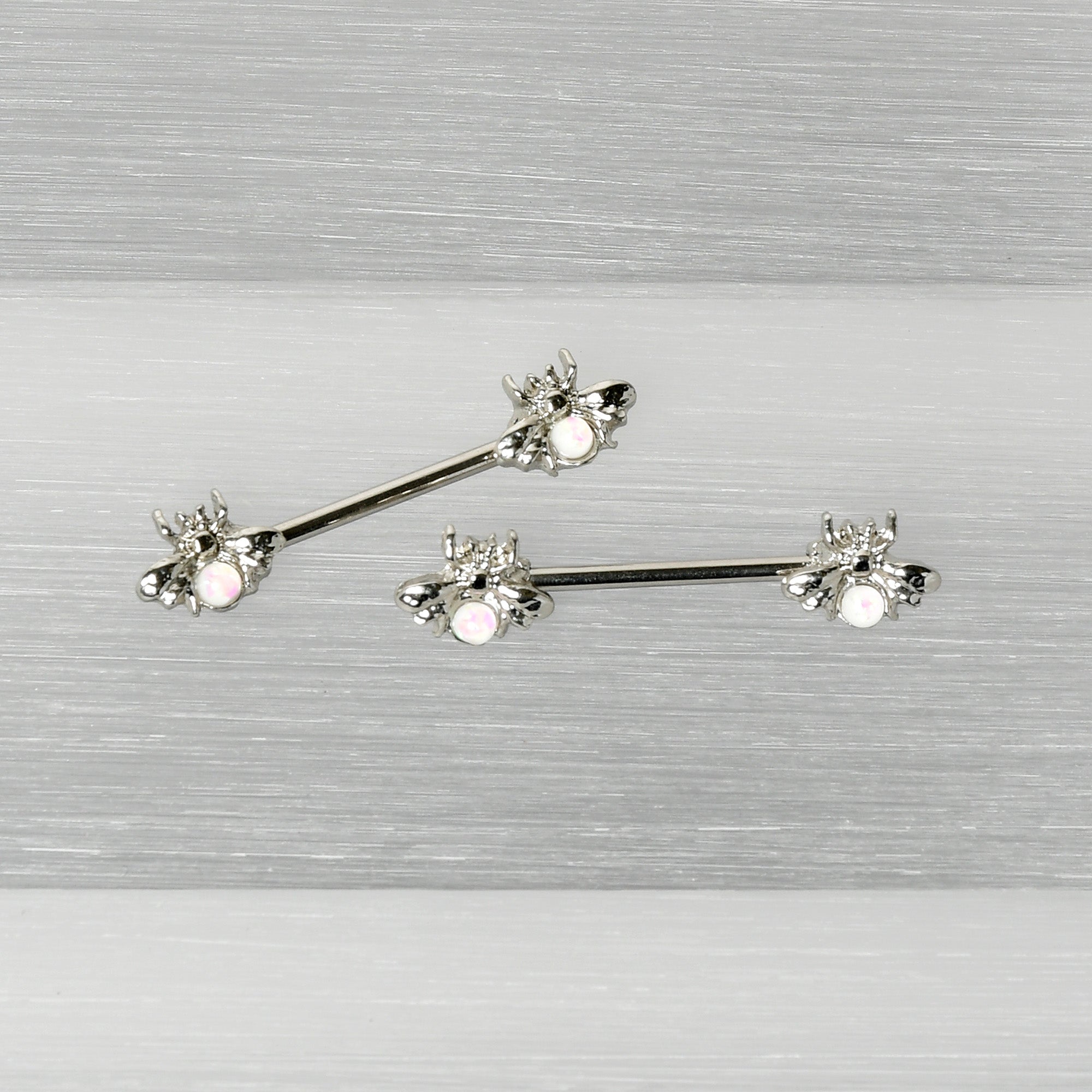 14 Gauge 9/16 White Faux Opal Bee Beauty Insect Barbell Nipple Ring Set