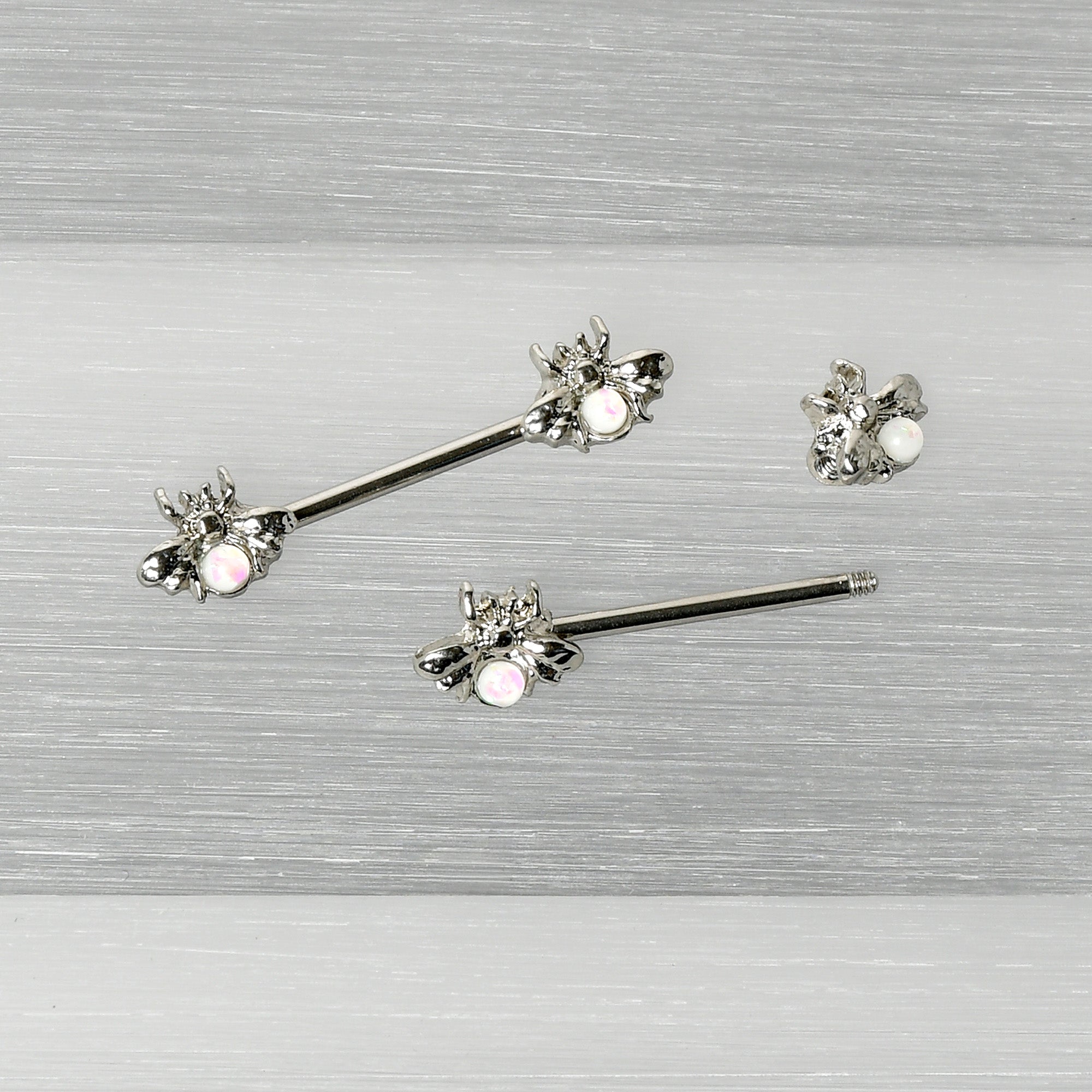 14 Gauge 9/16 White Faux Opal Bee Beauty Insect Barbell Nipple Ring Set