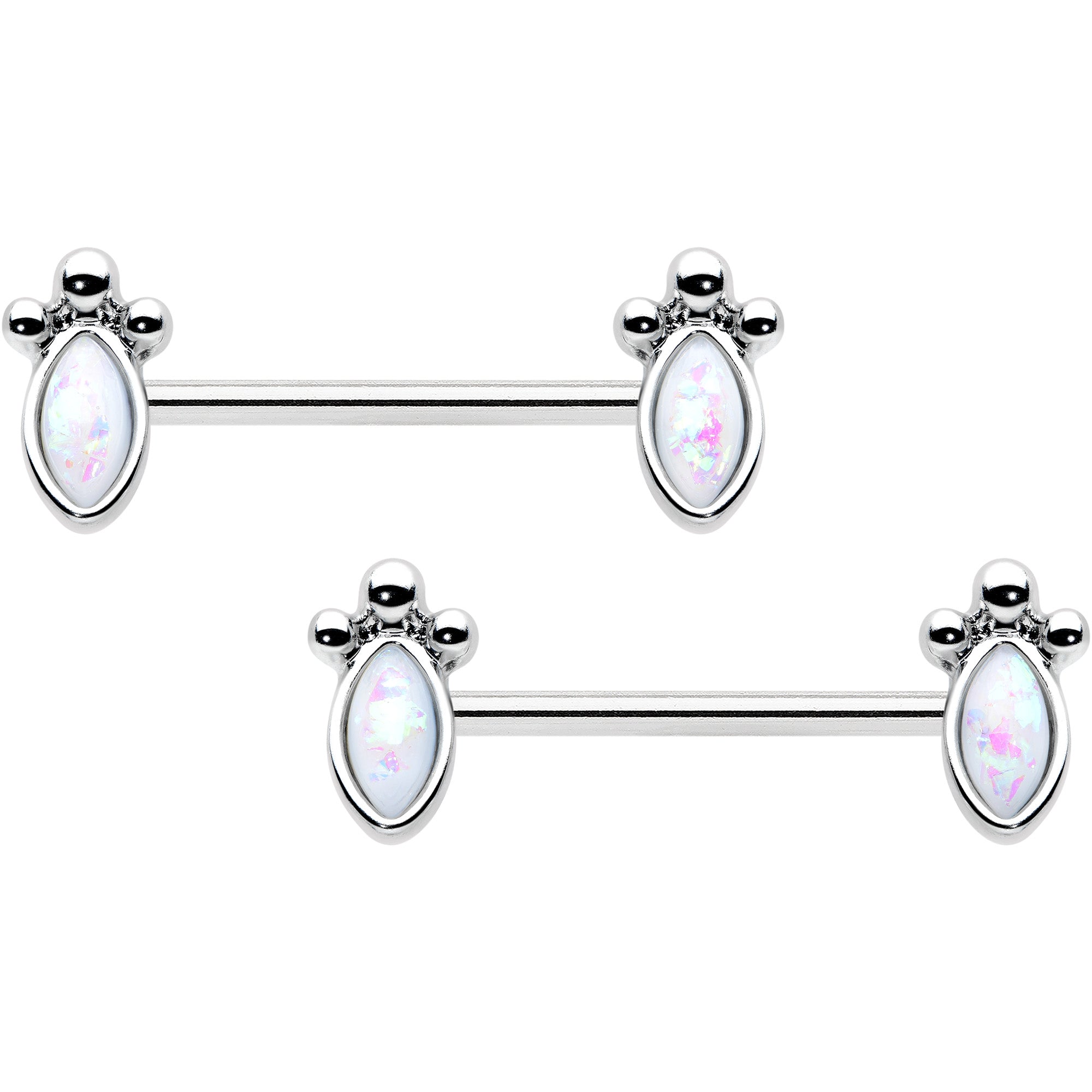 14 Gauge 9/16 White Faux Opal Deco Ovals Barbell Nipple Ring Set