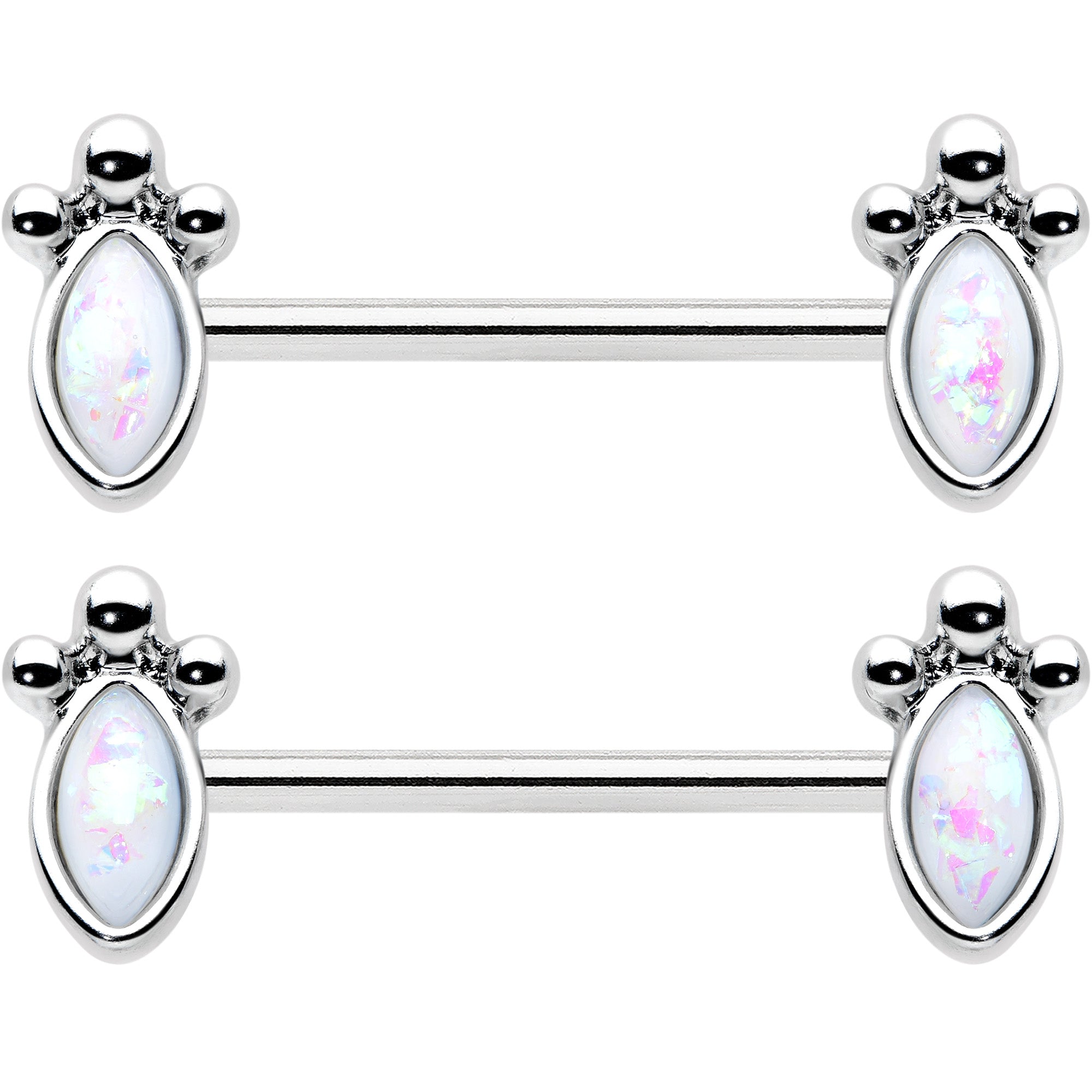 14 Gauge 9/16 White Faux Opal Deco Ovals Barbell Nipple Ring Set