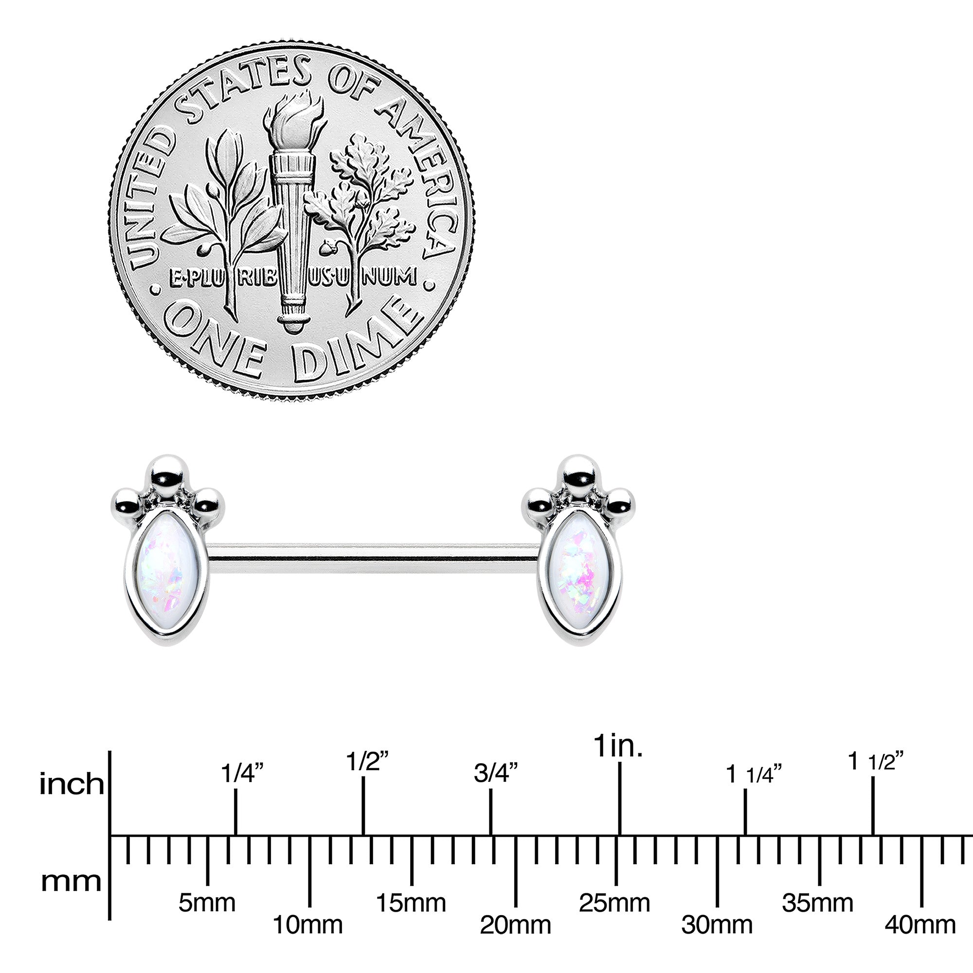 14 Gauge 9/16 White Faux Opal Deco Ovals Barbell Nipple Ring Set