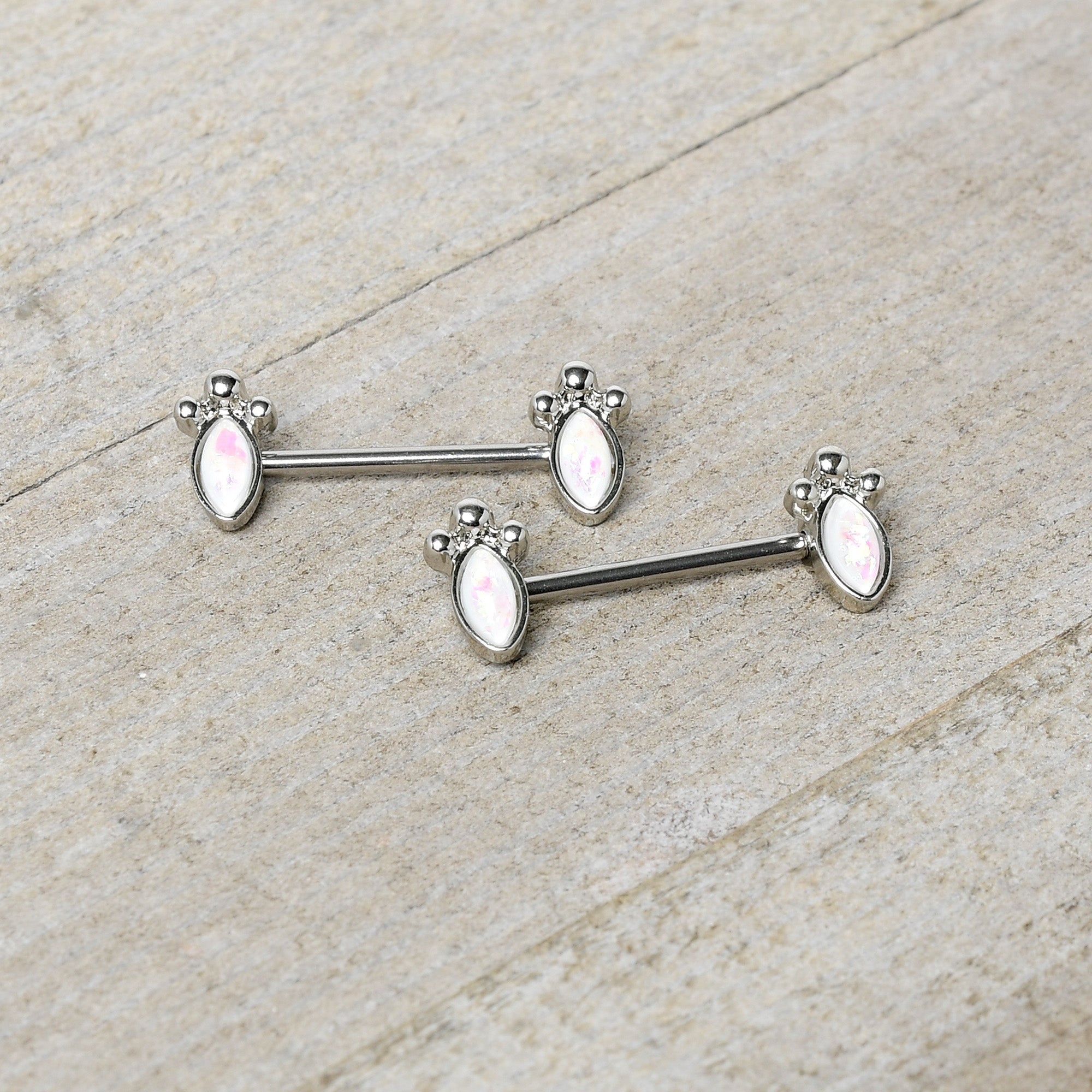 14 Gauge 9/16 White Faux Opal Deco Ovals Barbell Nipple Ring Set